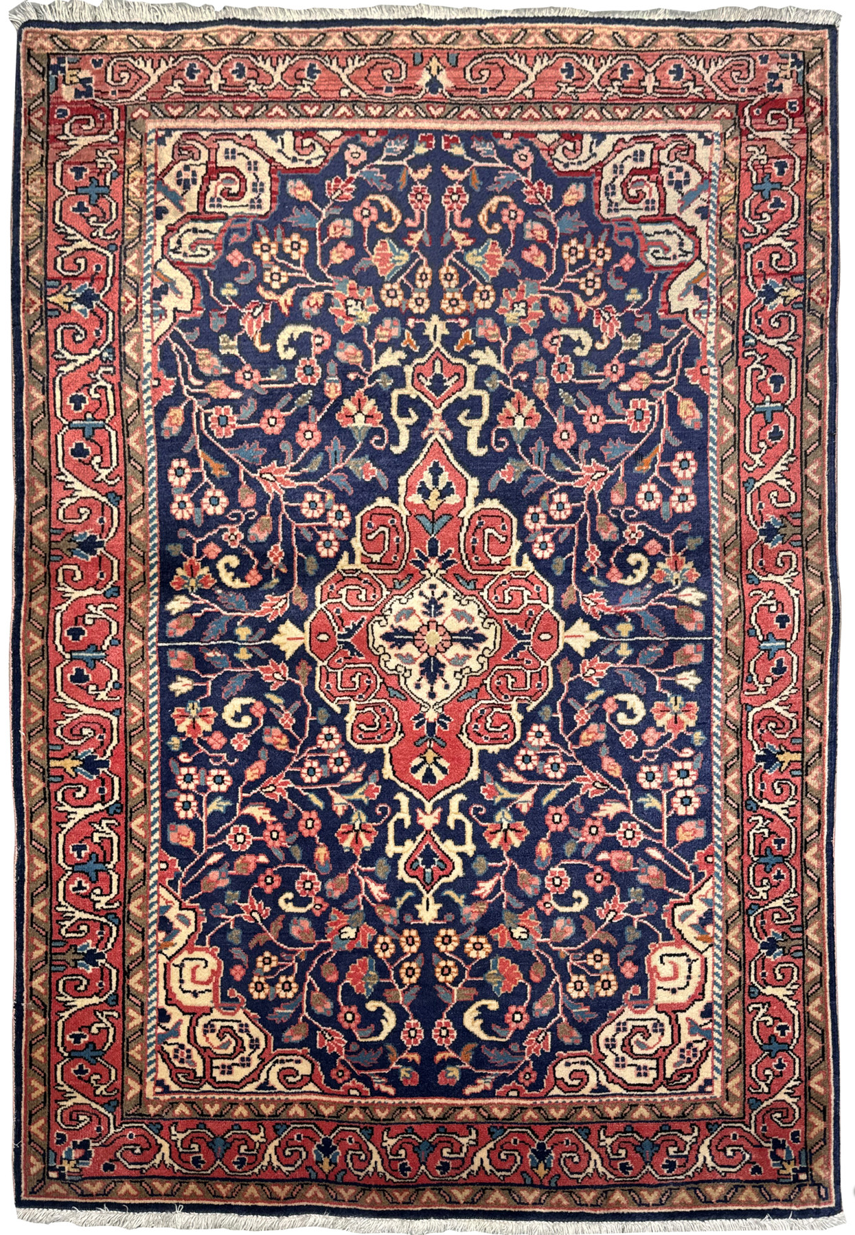 Full view of a 3x5 Vintage Persian Sarough Rug laid out, displaying the rich navy blue field and elaborate border designs
