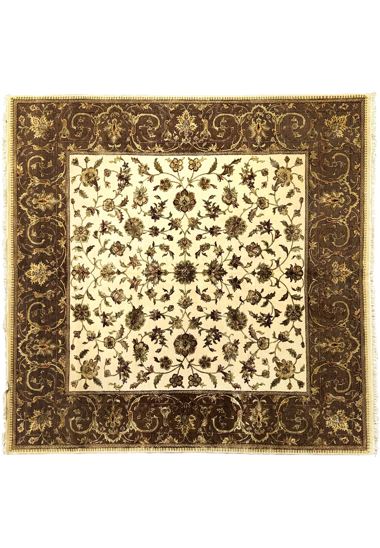 A 10x10 square Indian Chobi rug laid out flat, showcasing an elaborate central floral pattern surrounded by a detailed, dark border against a light background.