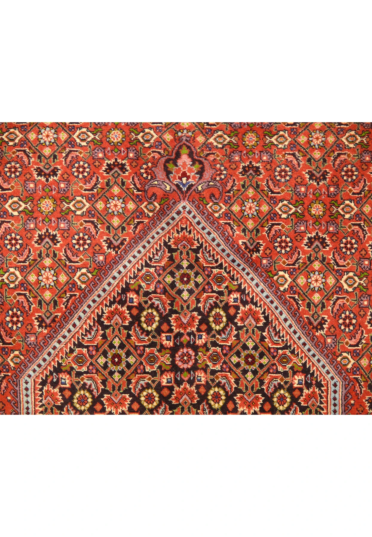 Top section of a Persian Bijar rug, emphasizing the detailed patterns and vibrant color scheme