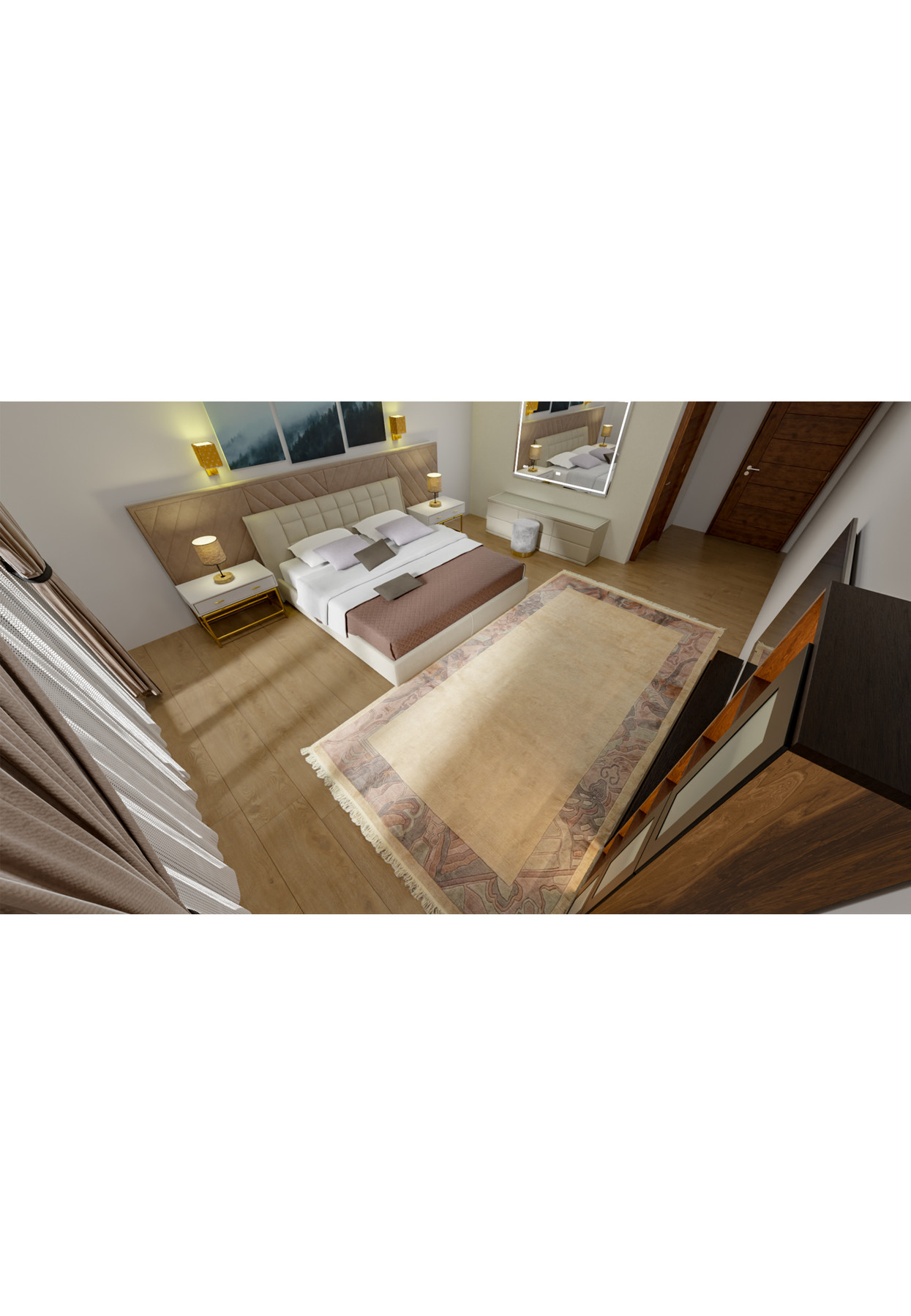 ROOM view of a 7x13 Modern Royal Tibetan beige rug with detailed patterned border.