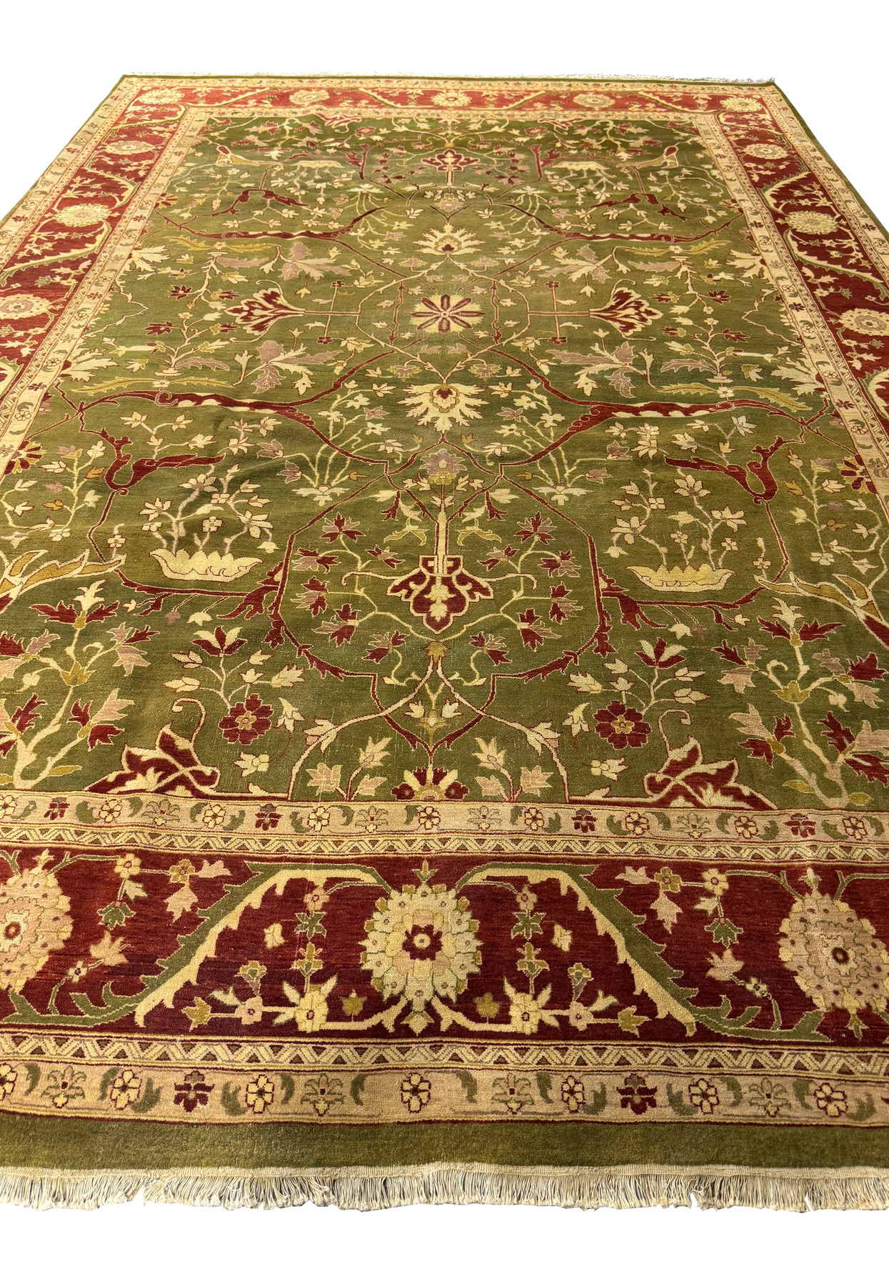 Antique-style 10x15 Chobi Peshawar rug with intricate botanical motifs