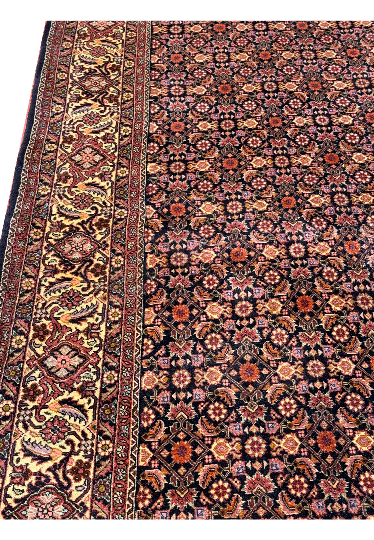 Edge detail of the Persian Bijar Rug showing the precision of the border patterns and color harmony