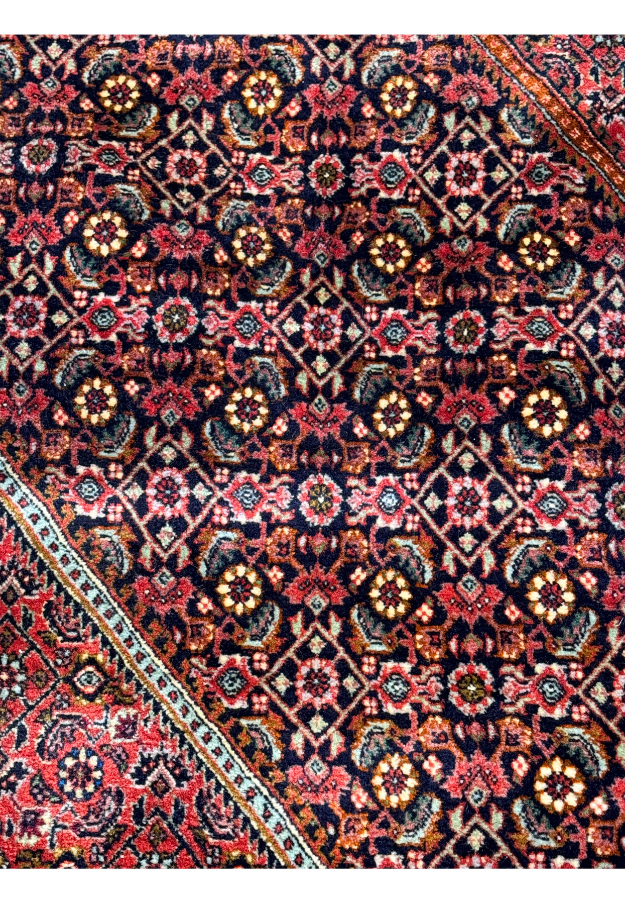 Macro shot of the Persian Bijar rug's fabric, displaying the fine knotting and rich, saturated colors of the geometric motifs