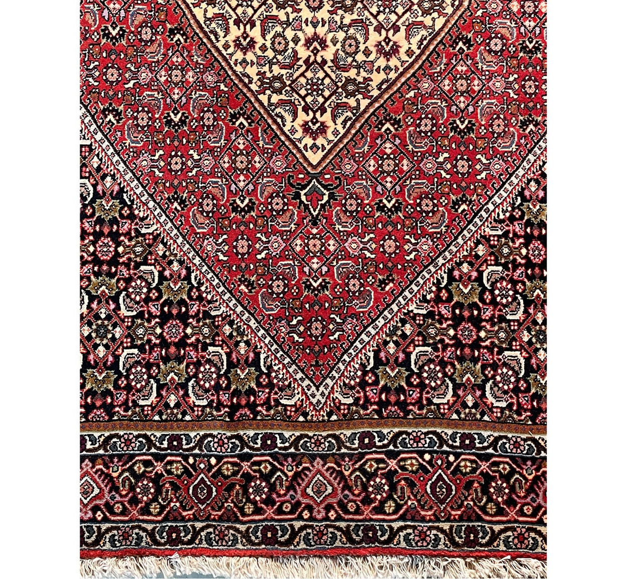 Full display of the Persian Bijar rug's elaborate design and vibrant color palette