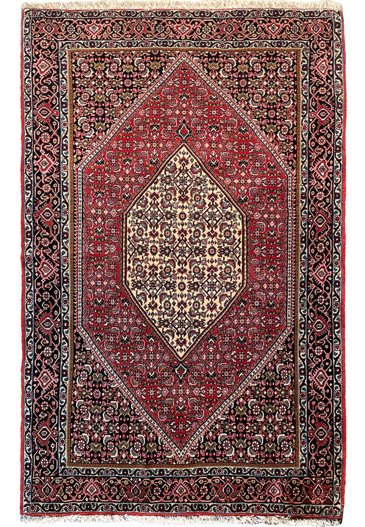 Full view of a handwoven 4x6 Persian Bijar rug showcasing intricate designs and a rich red field