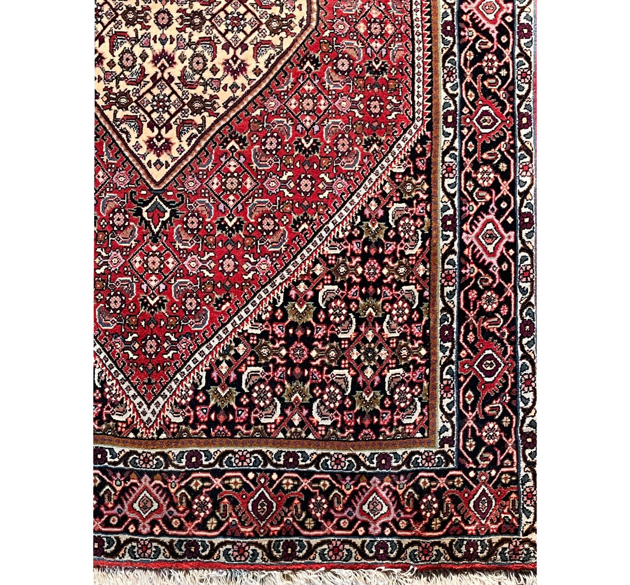 Close-up of the Persian Bijar rug's edge, illustrating the fine craftsmanship and tight weave