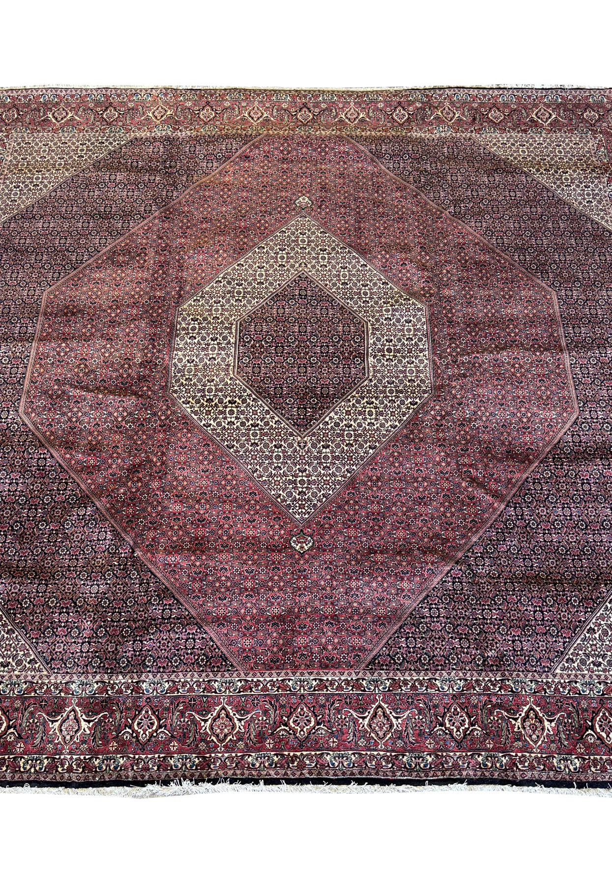 An angled view of the Persian Bijar square rug, emphasizing the luxurious wool pile and the harmony of the medallion with the surrounding detailed motifs.