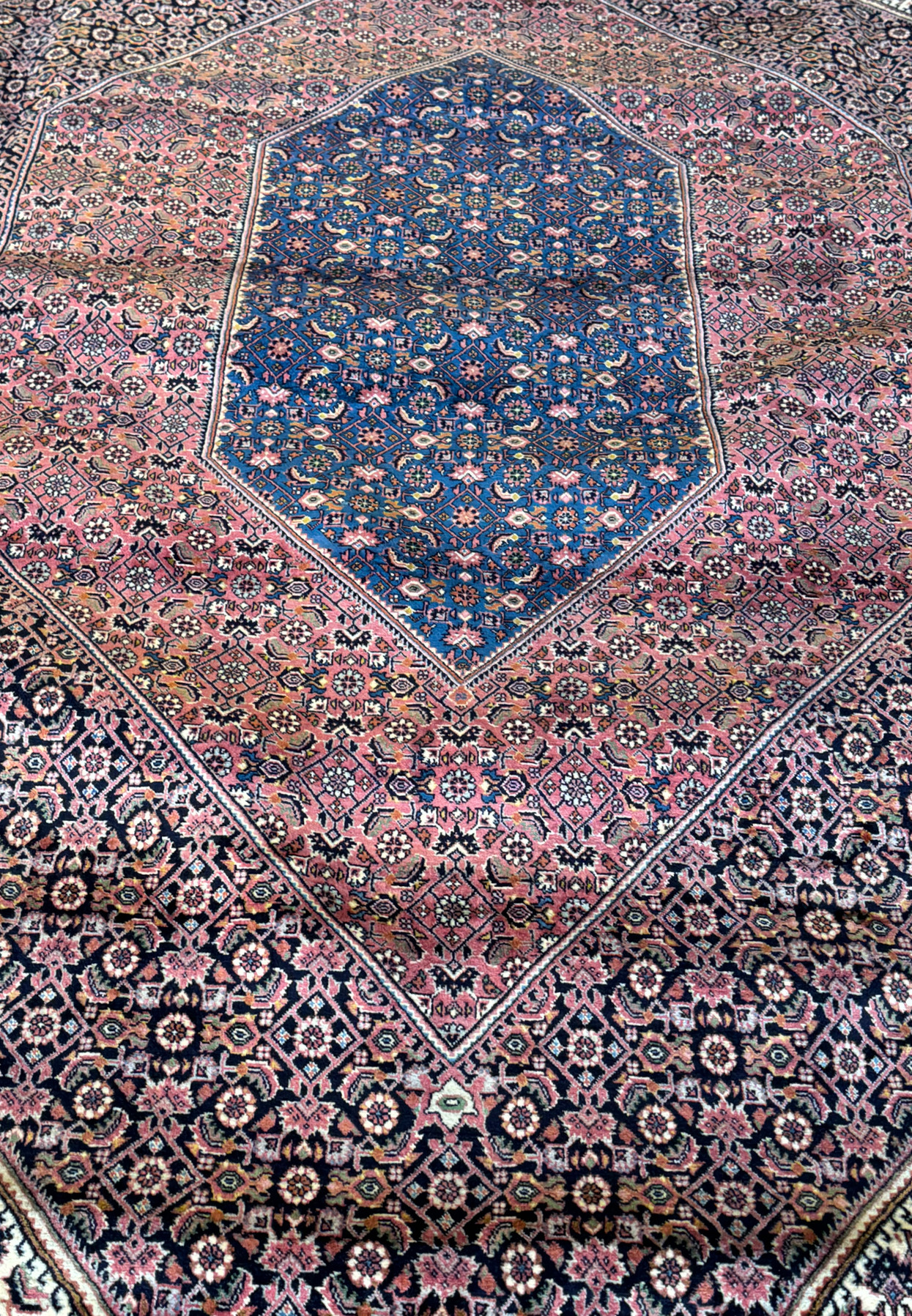 A captivating Persian Bijar rug, where the central medallion is surrounded by a mesmerizing array of symbols and details, each intricately handwoven into the fabric to create a work of art