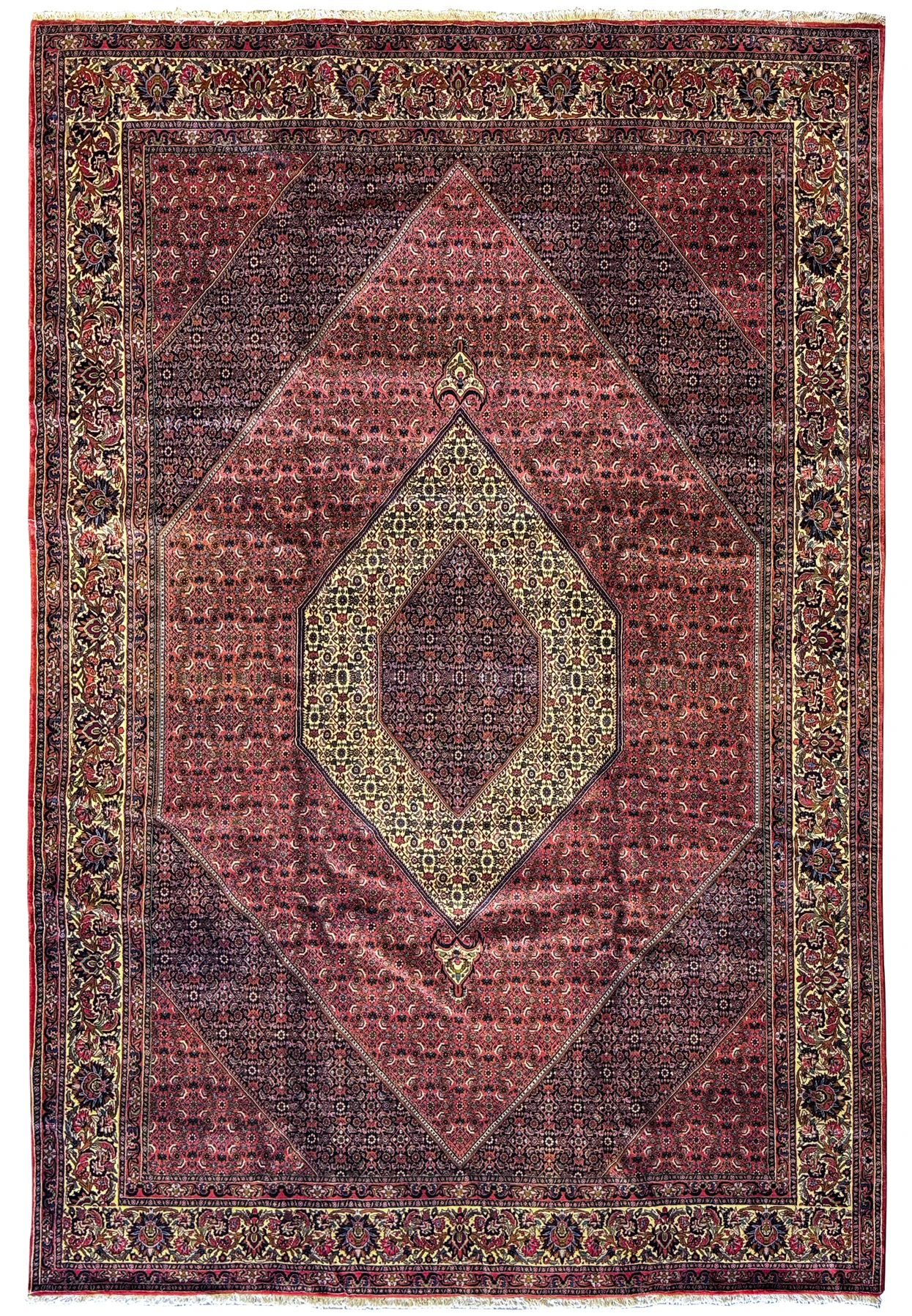 Overhead view of a 9'7" x 13'8" Persian Bijar Rug, displaying an intricate central medallion and a complex border with deep red and navy blue hues
