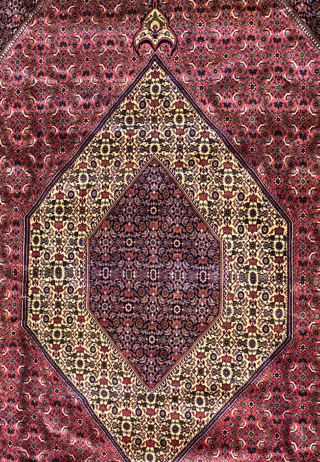 Close-up of the central medallion of the Bijar Rug, highlighting the detailed patterns and vibrant color mix of red, blue, and gold