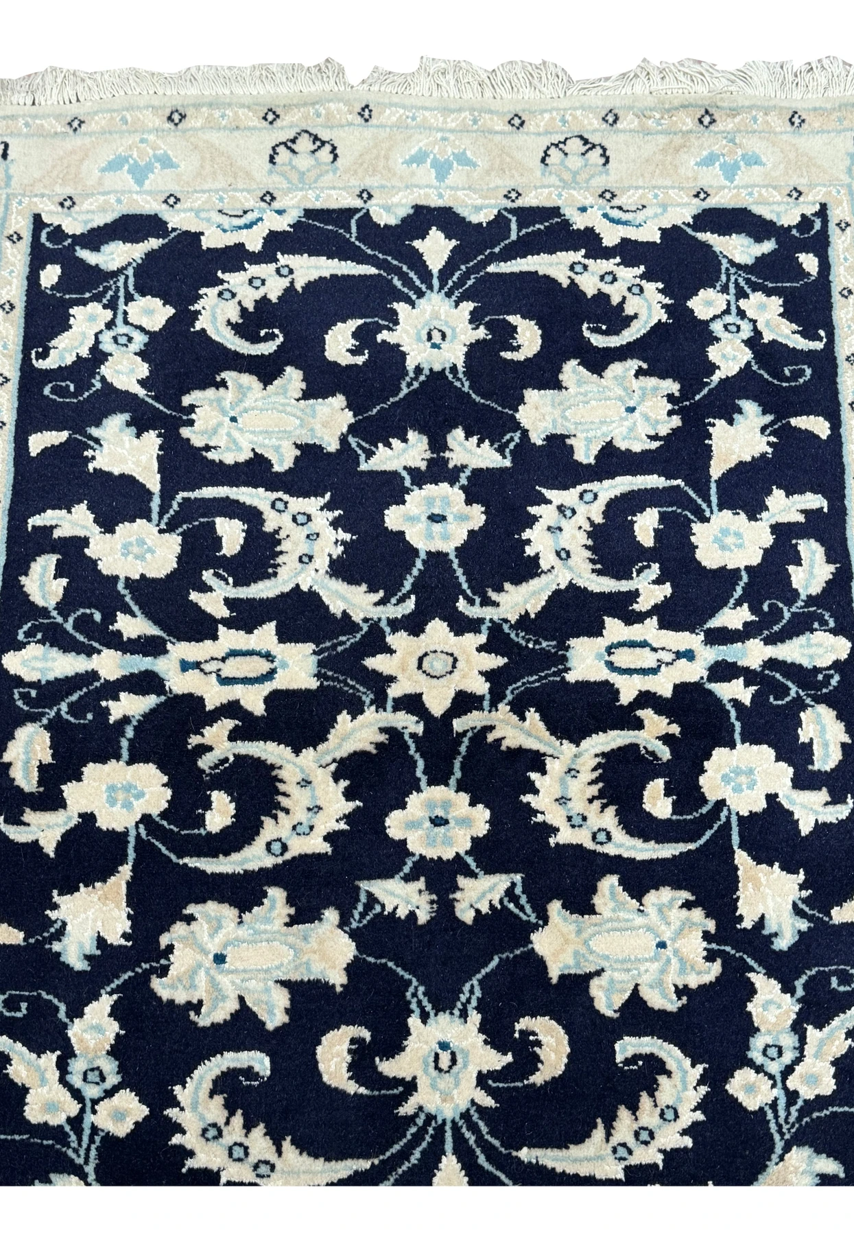 Close-up view focusing on the border of the Persian Nain Runner, showcasing the repeating motifs.