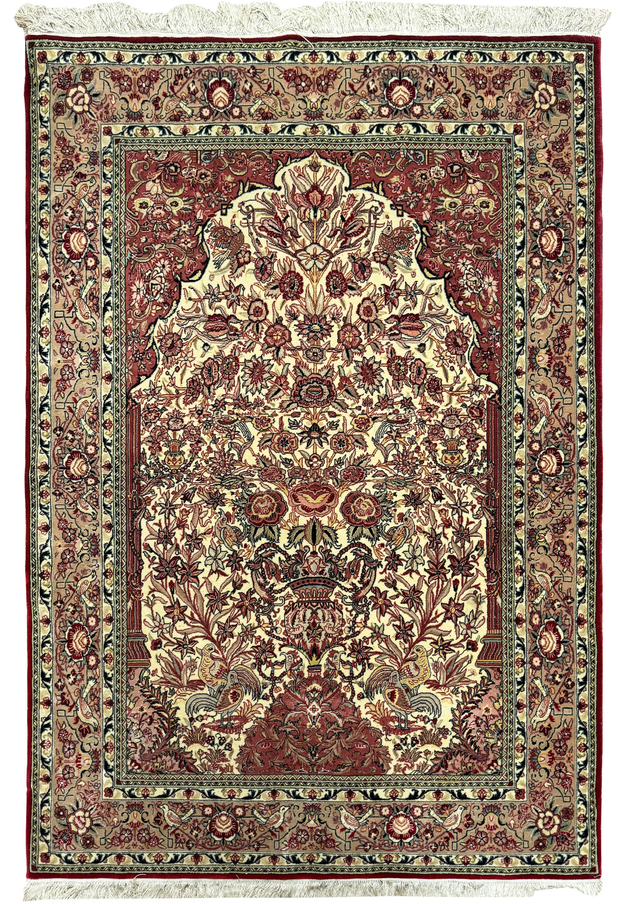 Full view of a 4'4" x 7' Persian Qum rug laid out flat, showcasing the intricate floral medallion design in the center with a detailed border, in a color palette of red, blue, cream, and silk accents.