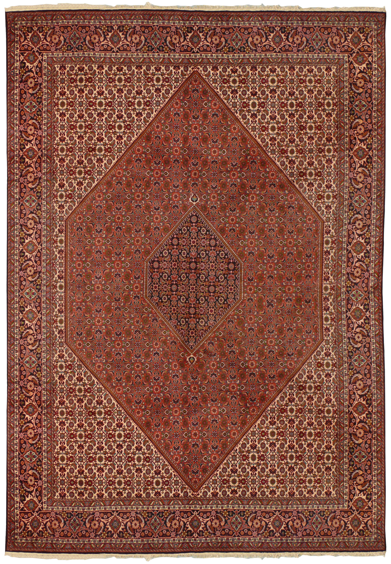 A full view of an 8'3" x 11'4" Persian Bijar Iron Rug, showcasing its expansive rust-red field, central diamond medallion, and intricate border details in navy blue, cream, and olive green.