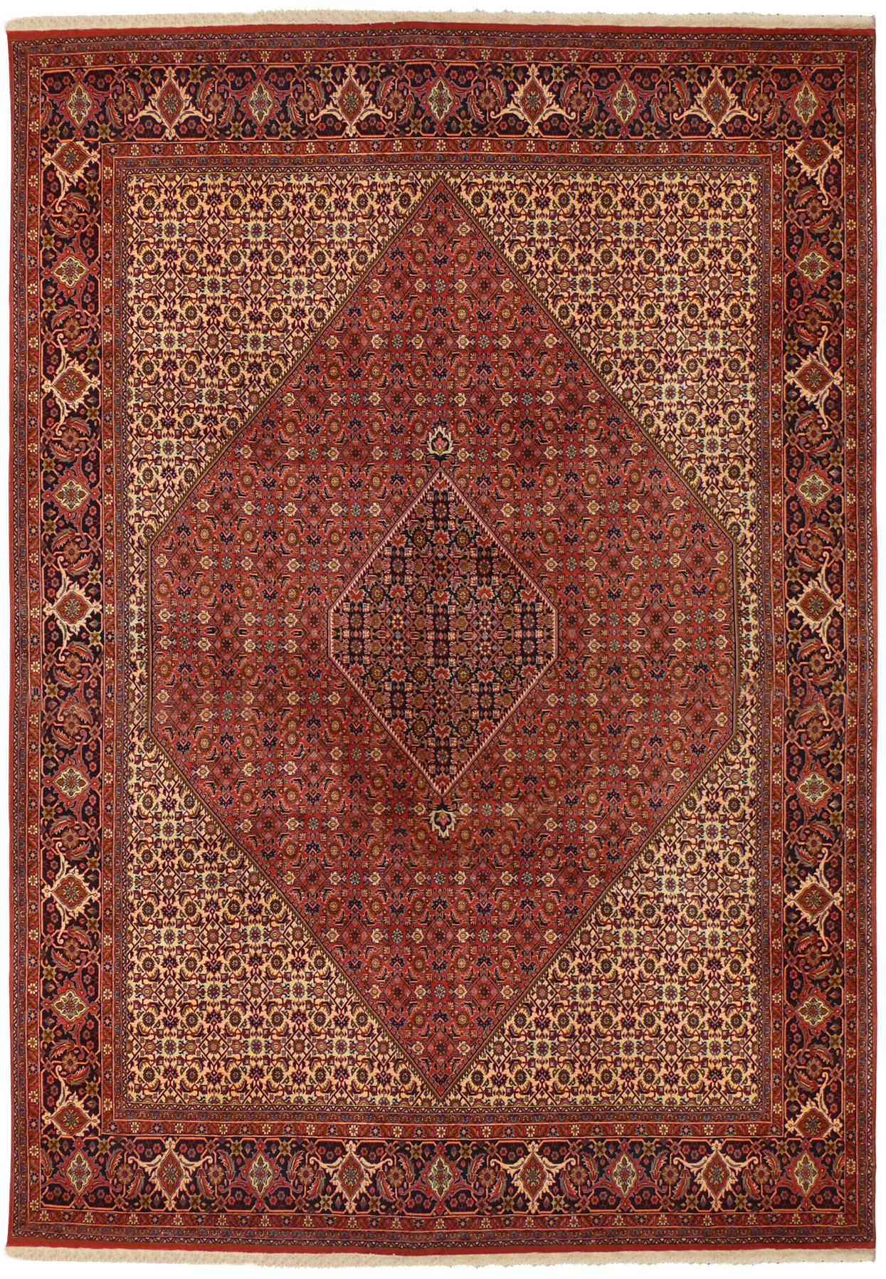 A full display of an 8'2" x 11'6" Persian Bijar Iron Rug laid flat, showcasing the dense weave, rich reds, and intricate geometric and floral designs that define its heritage.