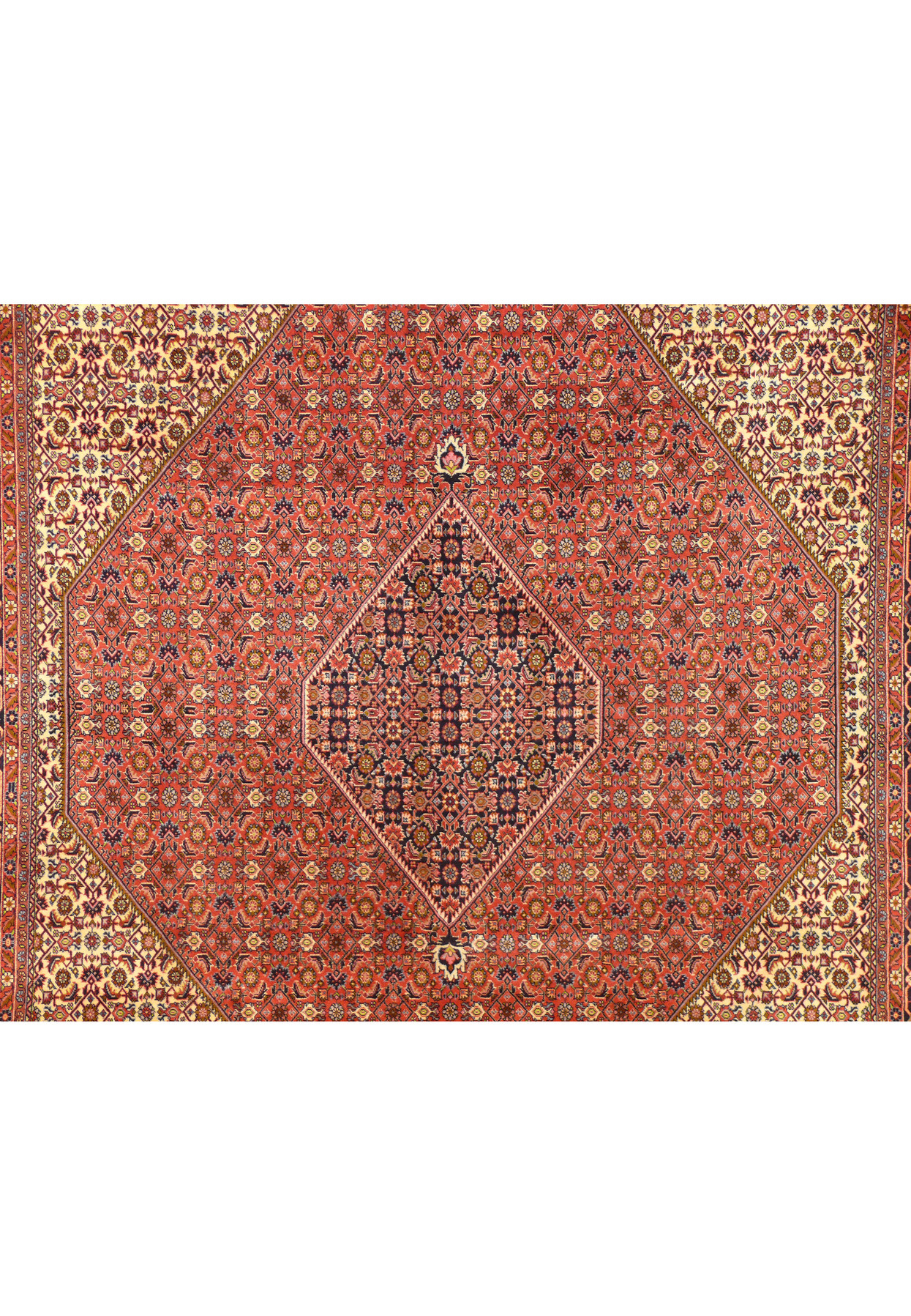 A close-up of the Bijar rug's surface, highlighting the complex patterns, vibrant colors, and the plush texture of the wool that speaks to its high quality and craftsmanship.