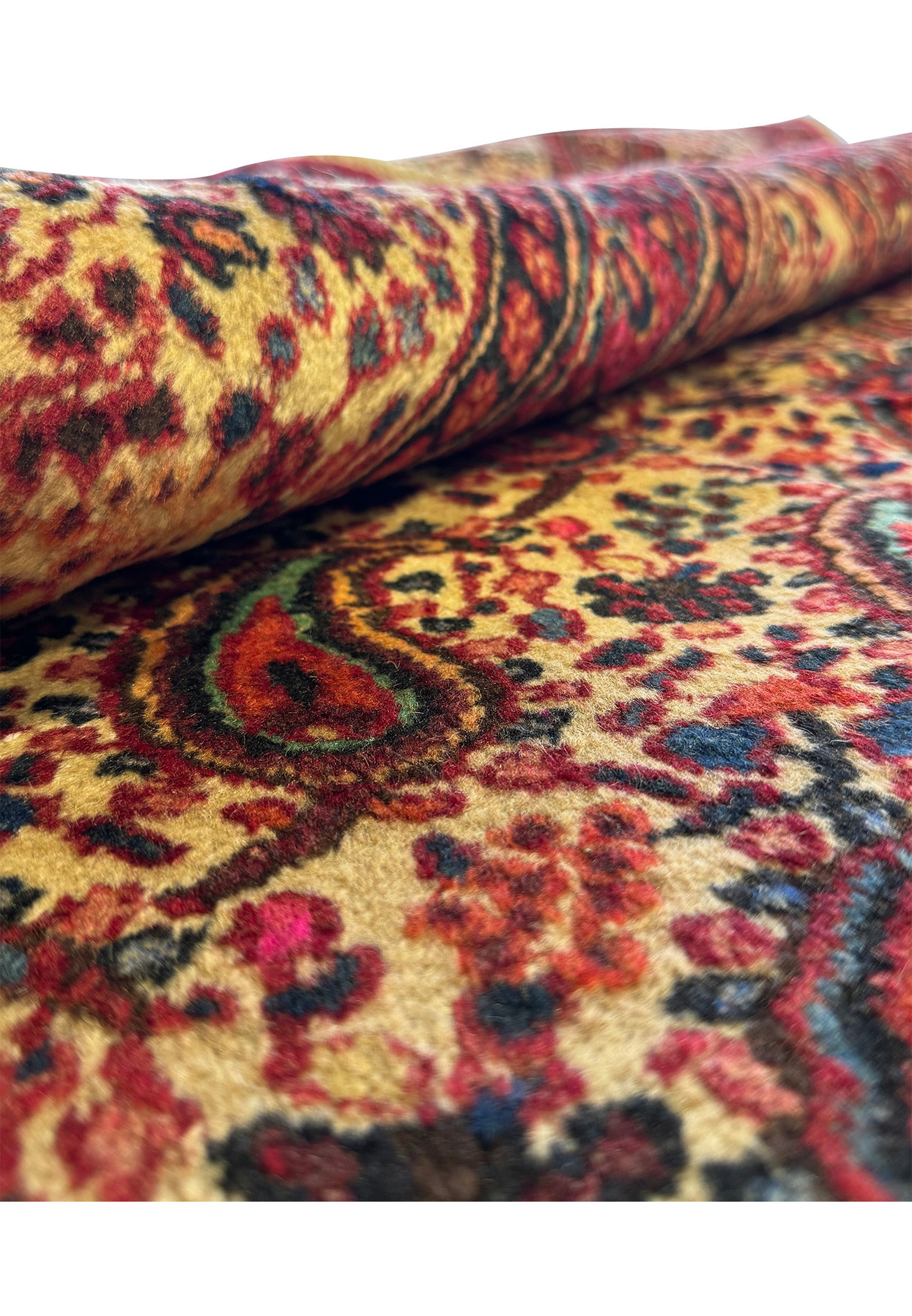 Close up of the wool of this 10x14 Moud Persian Rug showing the high quality weave and texture of this rug
