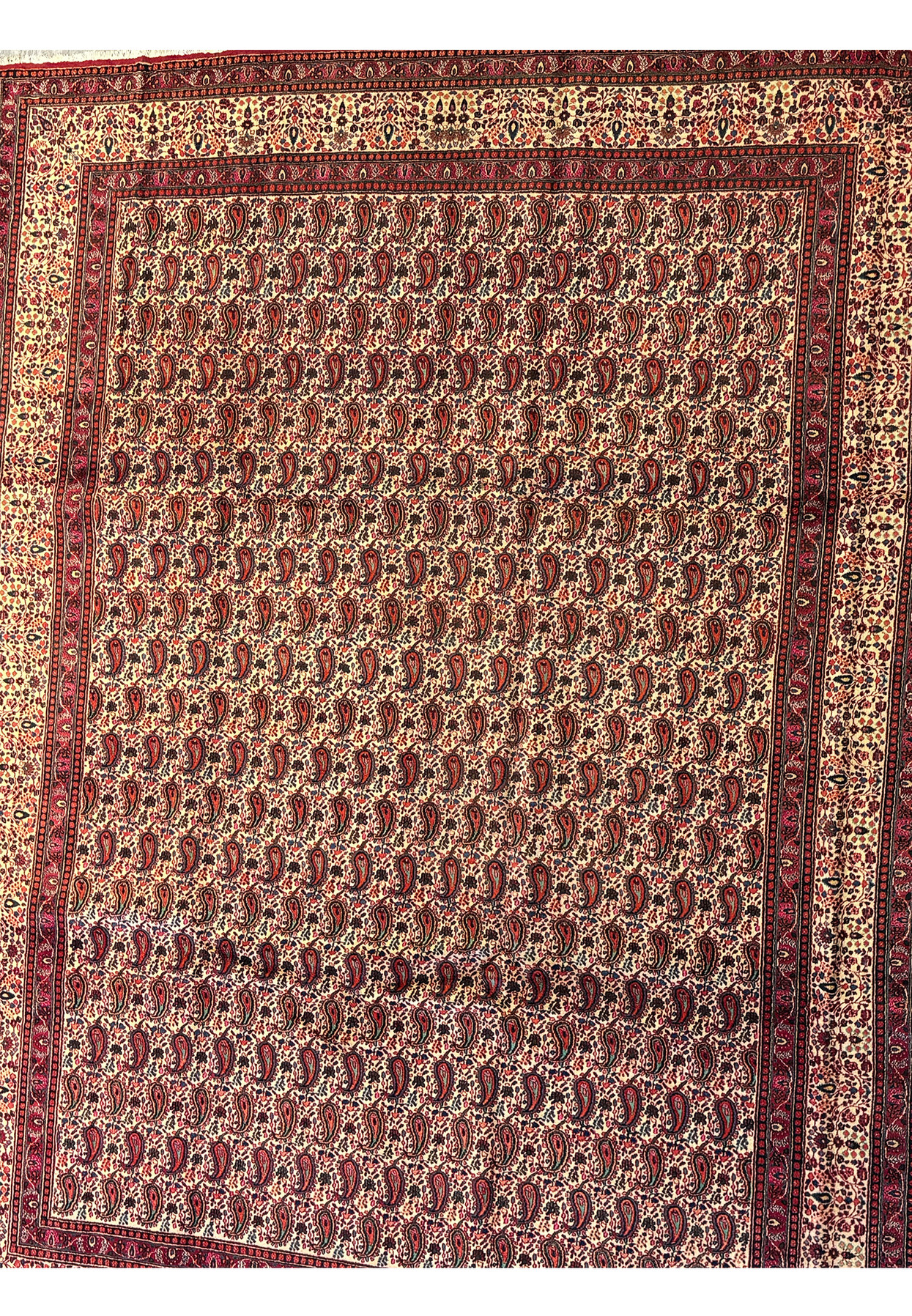 Perspective shot of the Persian Moud Rug, with a focus on the plush pile and intricate, dense patterning that characterizes this luxurious handwoven piece