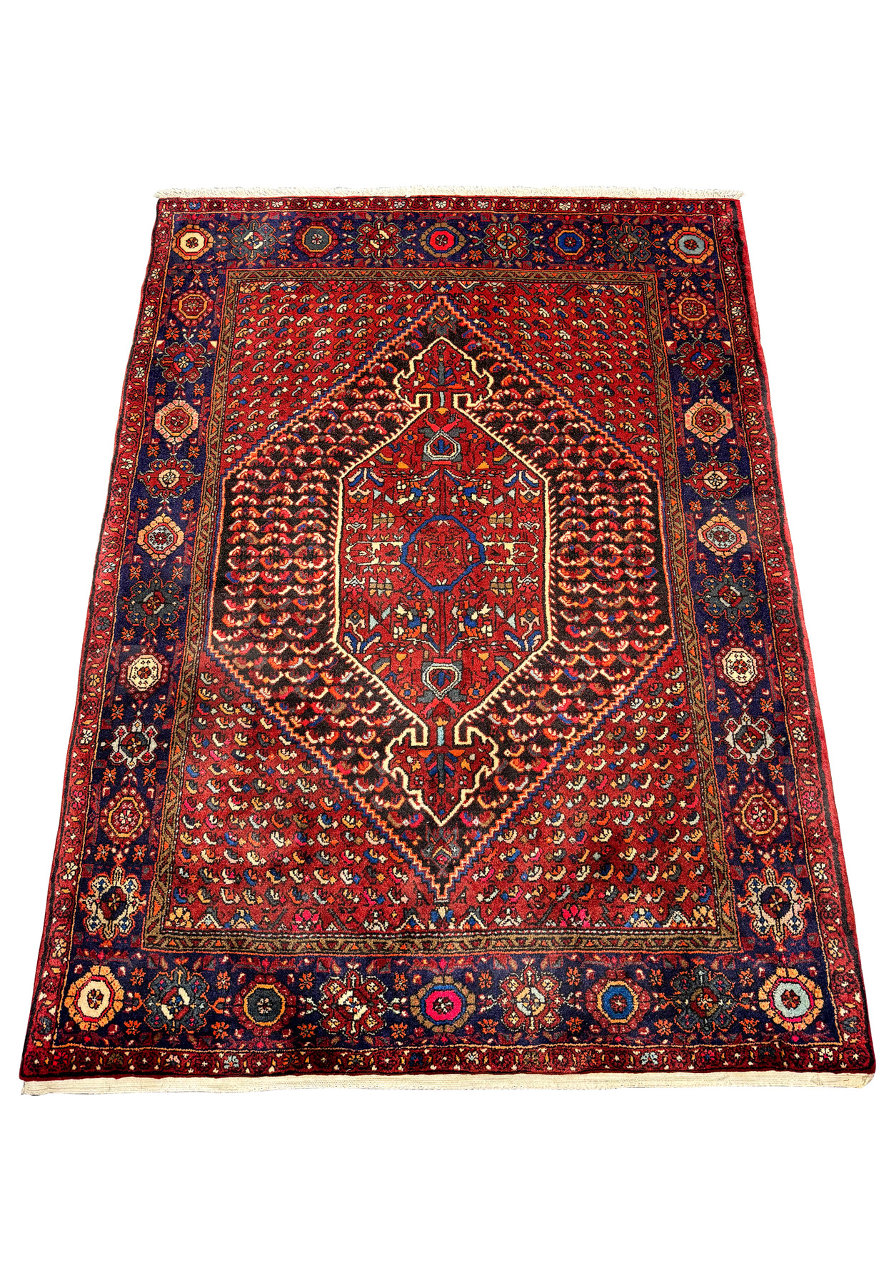 Full view of a Persian Gholtogh rug, displaying a complex design with a red central medallion, surrounded by dark blue borders featuring detailed floral and geometric motifs in multicolors