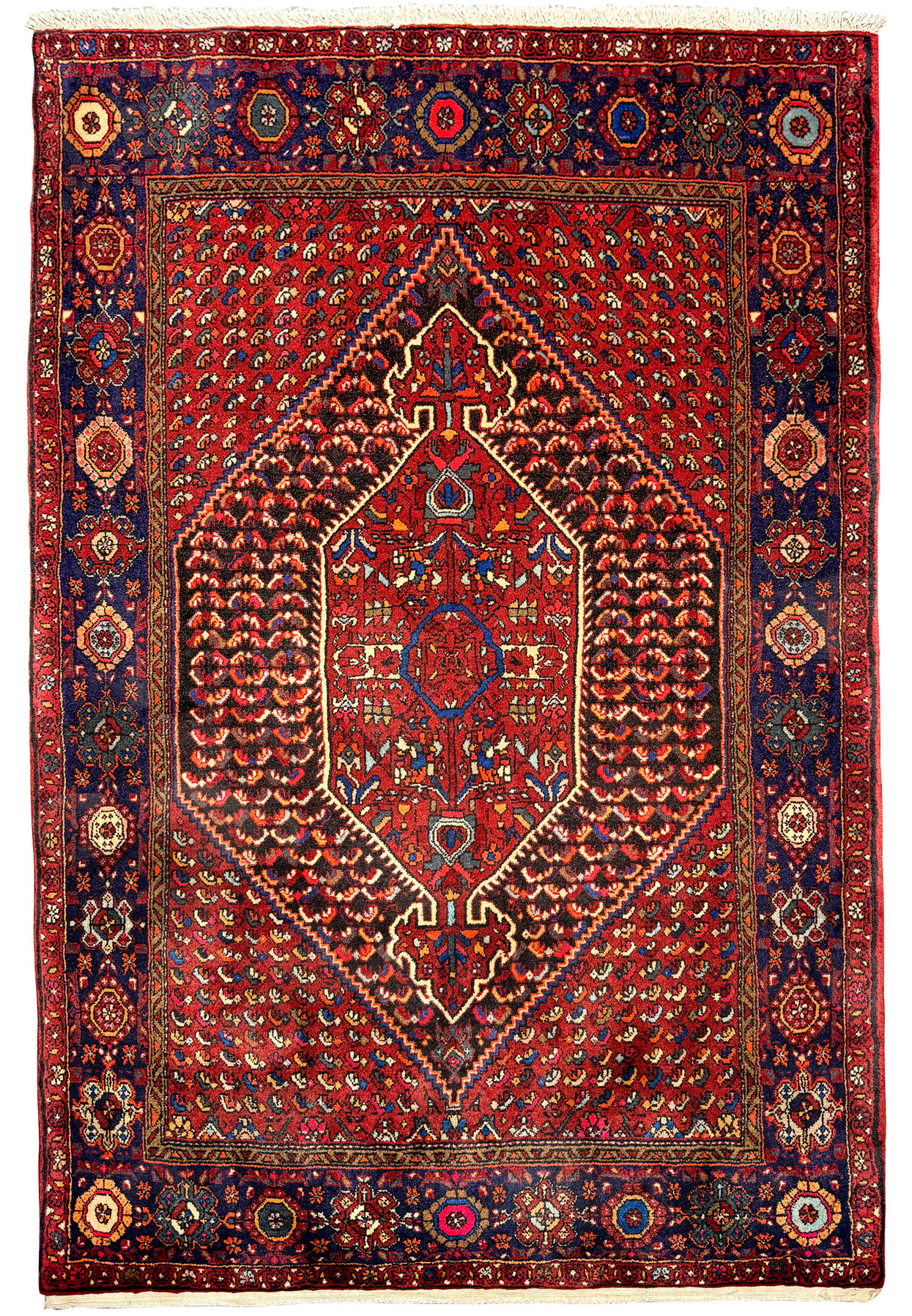 Detailed view of a 3x5 Persian Gholtogh rug, showcasing a rich red central field with intricate geometric and floral patterns in navy blue, ivory, and orange, bordered by dark blue with traditional Persian motifs