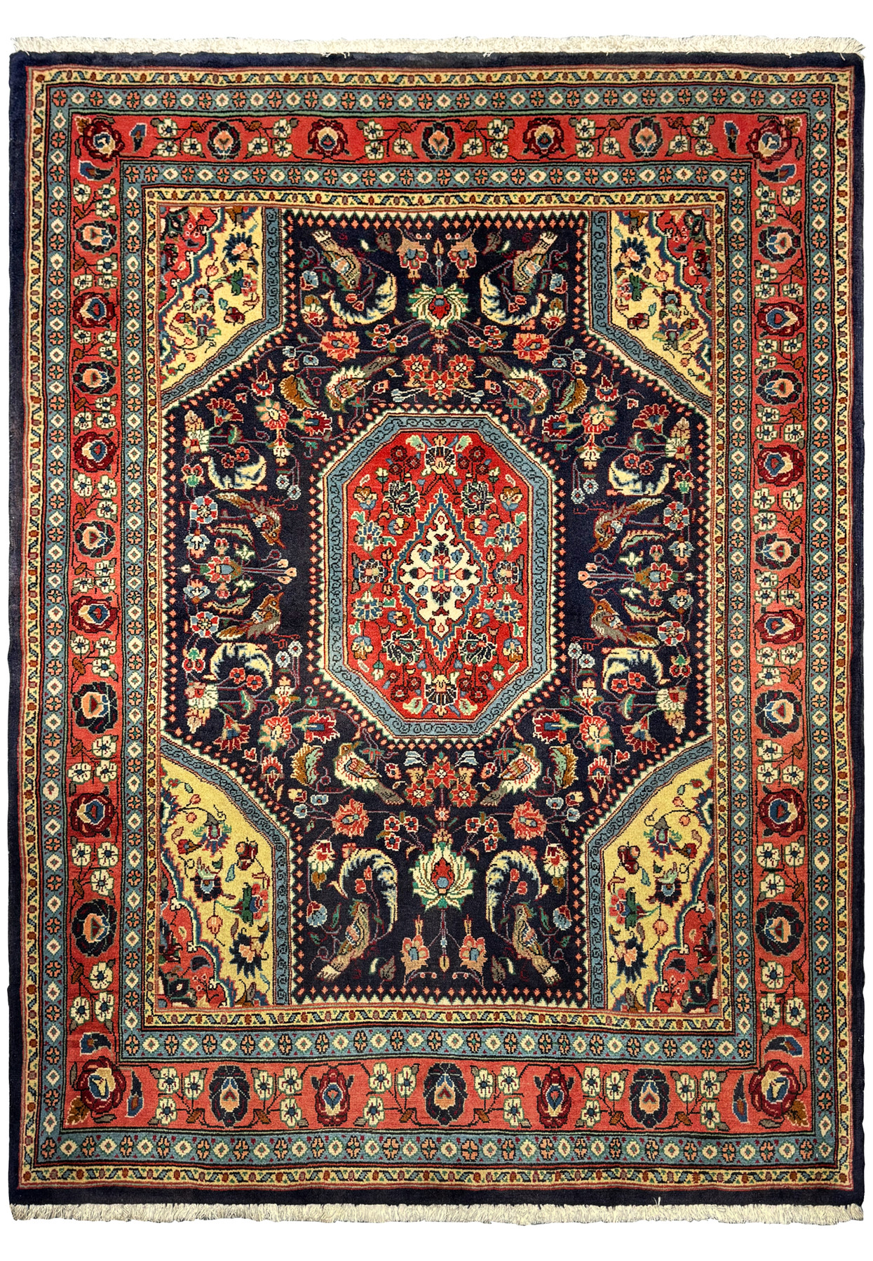 Full view of the Persian Bidjar Rug highlighting the detailed central medallion and elaborate floral designs on a deep navy background.