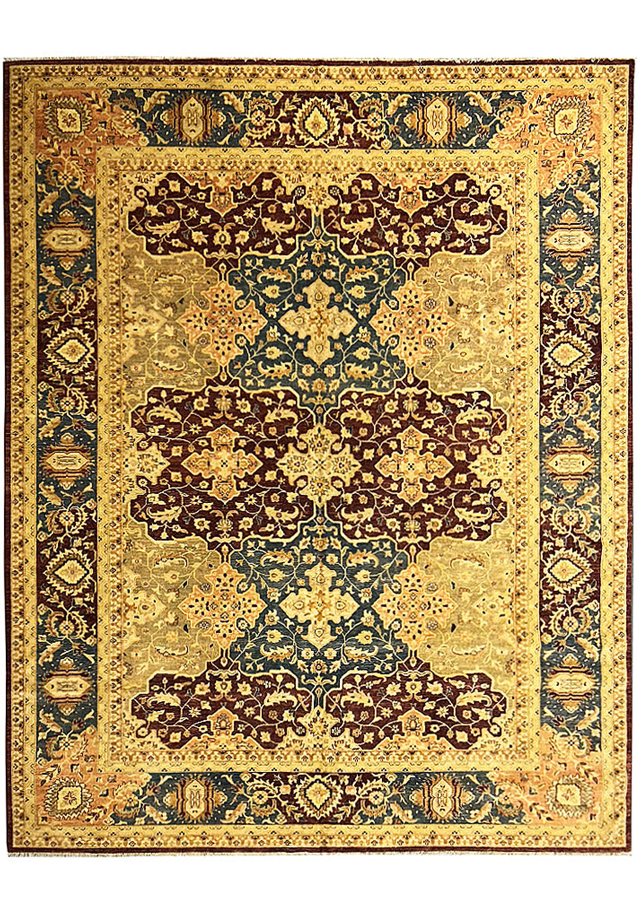 Full view of the 12' x 15' Agra rug, showcasing its overall design and layout. The combination of rich maroon, navy, and beige colors, along with the intricate patterns, creates a sophisticated and timeless look.