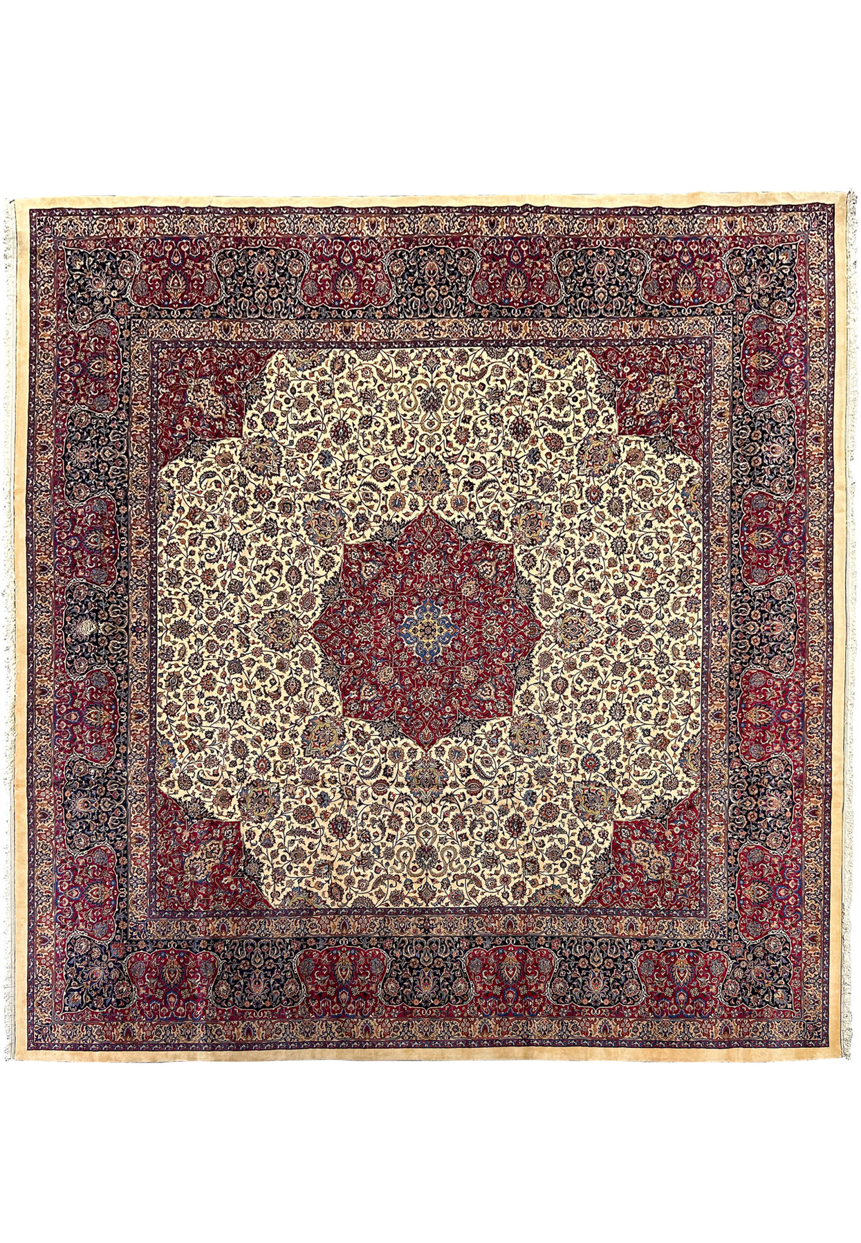 Top-down view of an exquisite, pre-revolution 20x20 Persian Square rug, featuring intricate floral motifs and a grand central medallion, in rich hues of red, blue, ivory, and gold, with an elaborate border showcasing traditional Persian designs