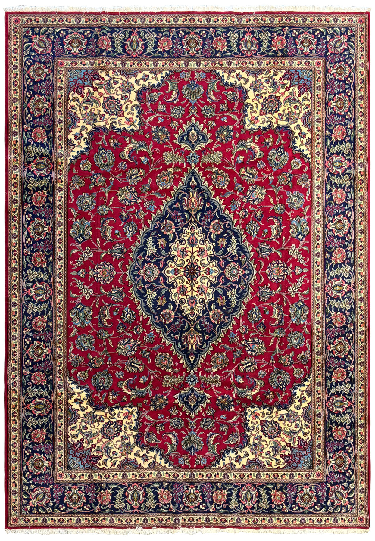 Top-down view of an 8' x 11'6" Persian Qum Kork Rug, highlighting the detailed floral motifs and vibrant colors.