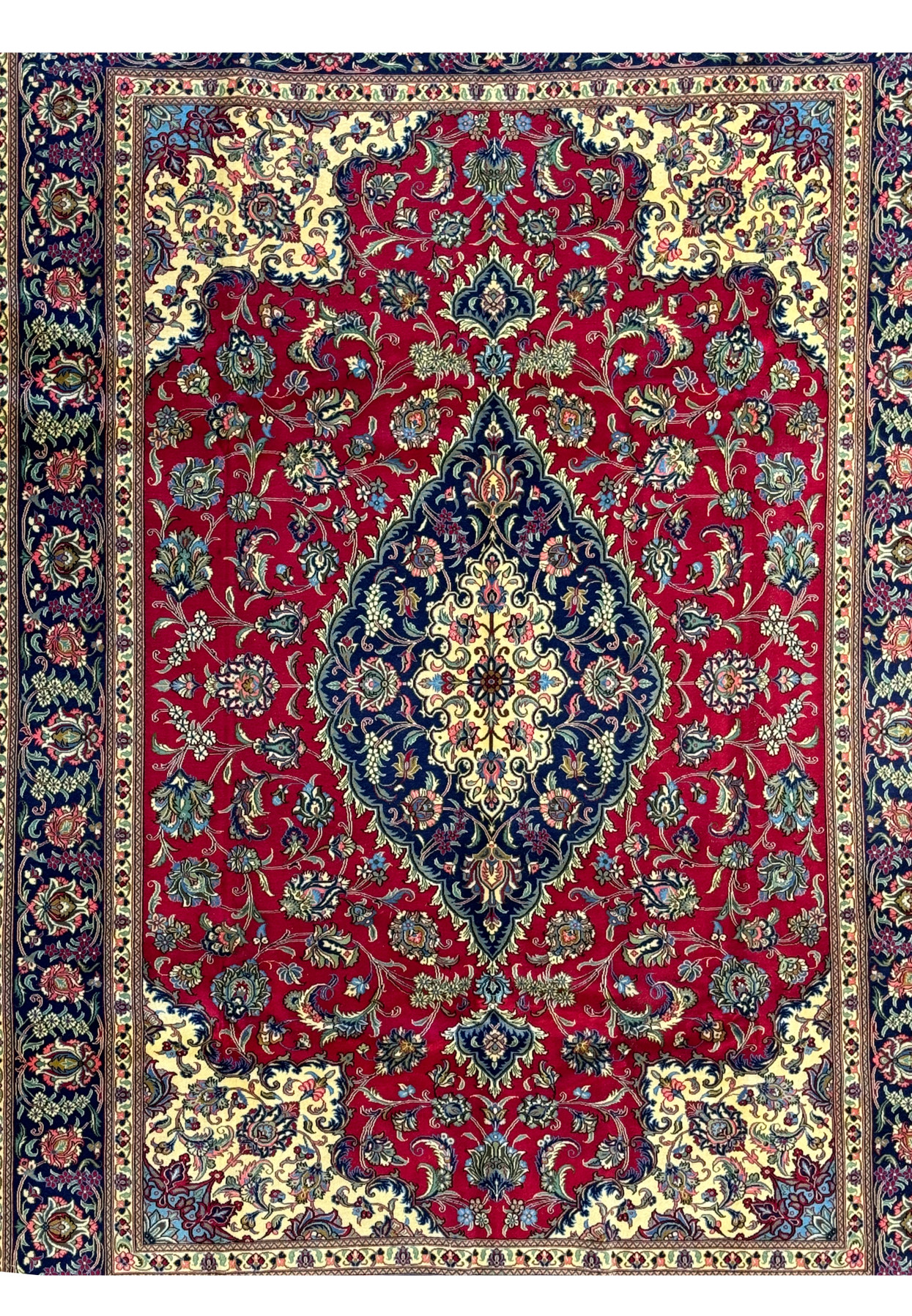 Close-up of the Persian Qum Kork Rug's corner, showing the fine craftsmanship and detailed floral designs.