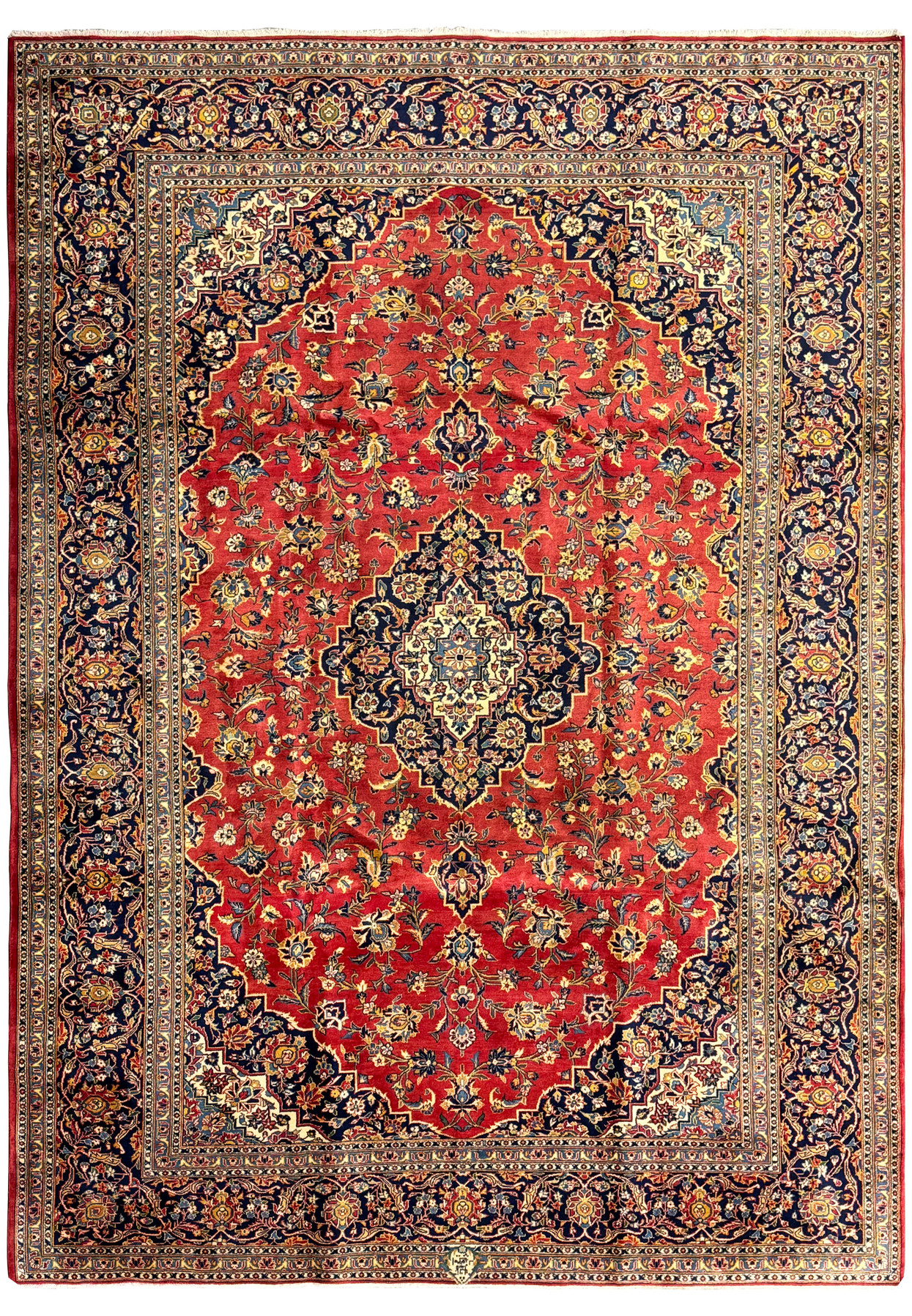 Close-up view of a beautiful 9'2" x 12'5" Persian Kashan rug, showcasing its vibrant red field adorned with intricate floral patterns and a central medallion. The rug features a rich palette of blues, golds, and ivory, highlighting the detailed craftsmanship and high knot density typical of Kashan rugs. The ornate border complements the central design, adding depth and elegance. This image captures the exquisite details that make this Persian rug a stunning piece of home decor.
