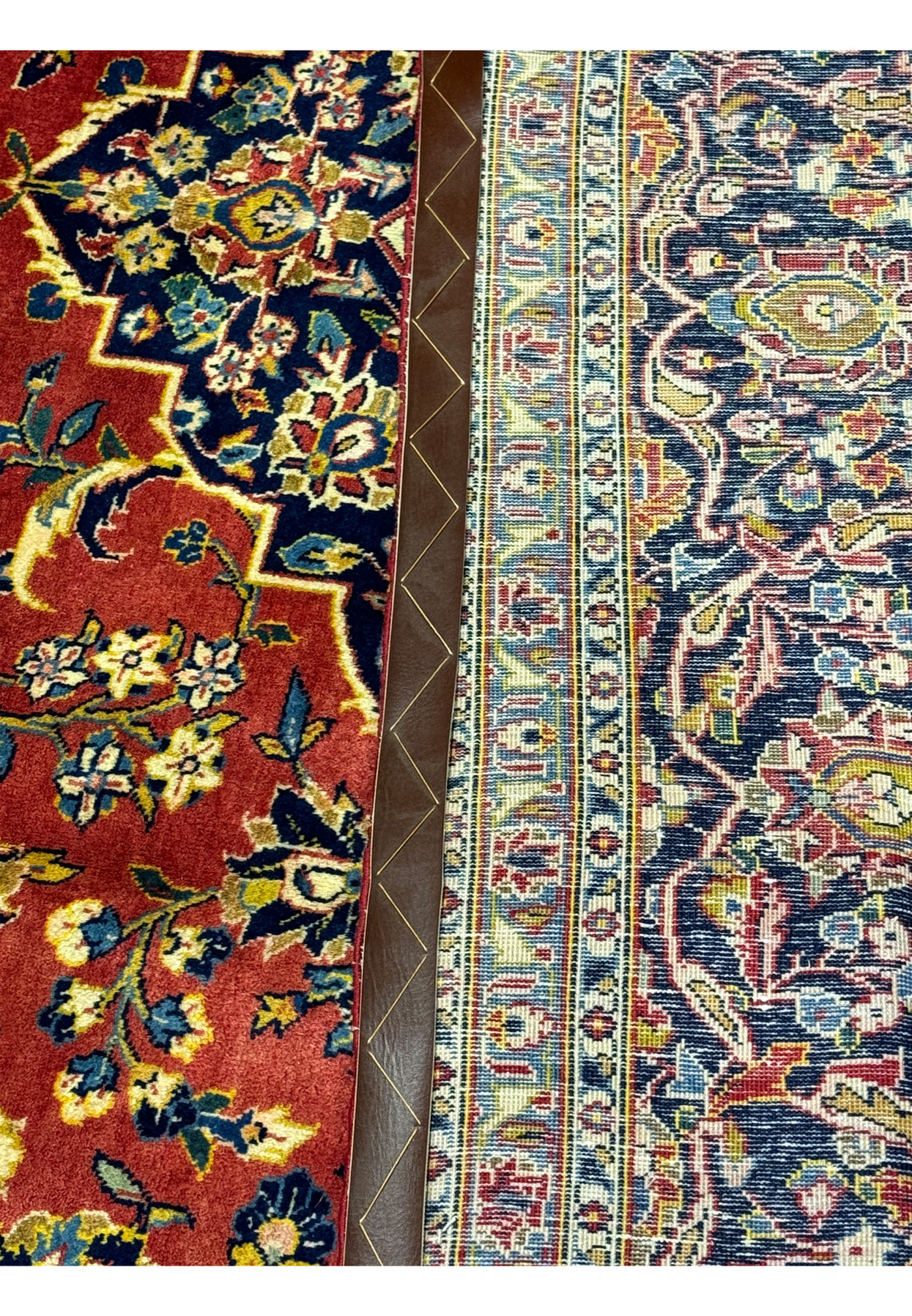 Side-by-side comparison of the front and back of a Persian Kashan rug. The front displays the vibrant red field with intricate floral patterns and a detailed border, while the back reveals the precise knotting and craftsmanship. The contrast highlights the quality and durability of the rug, demonstrating the traditional techniques and high standards of Persian rug making. This image captures the essence of Kashan rugs' beauty and construction.
