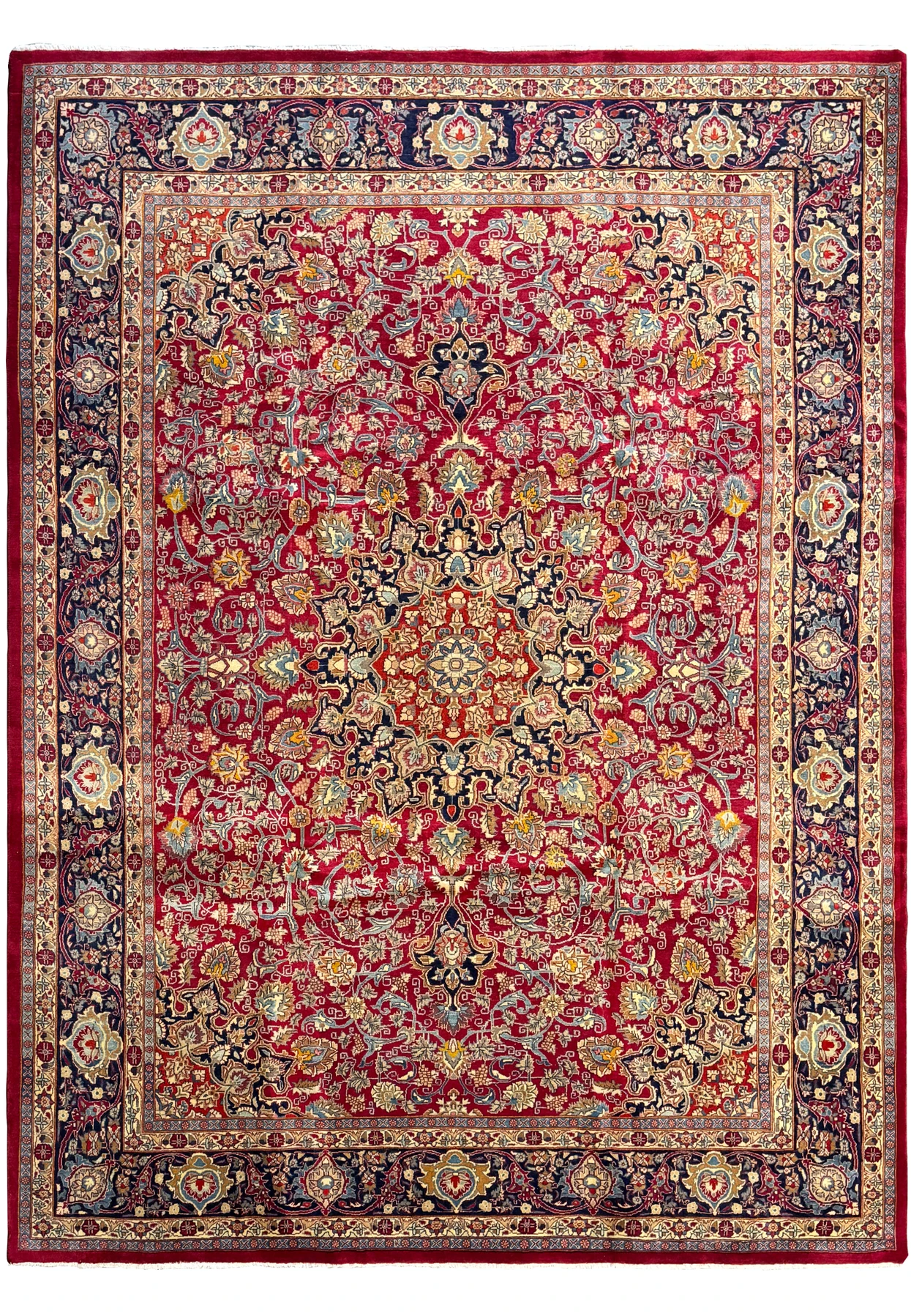 Showcasing a grand central medallion surrounded by sprawling floral designs, this Persian Mahal rug captivates with its rich red backdrop and detailed accents in navy and gold. Ideal for adding a touch of elegance to your living space.