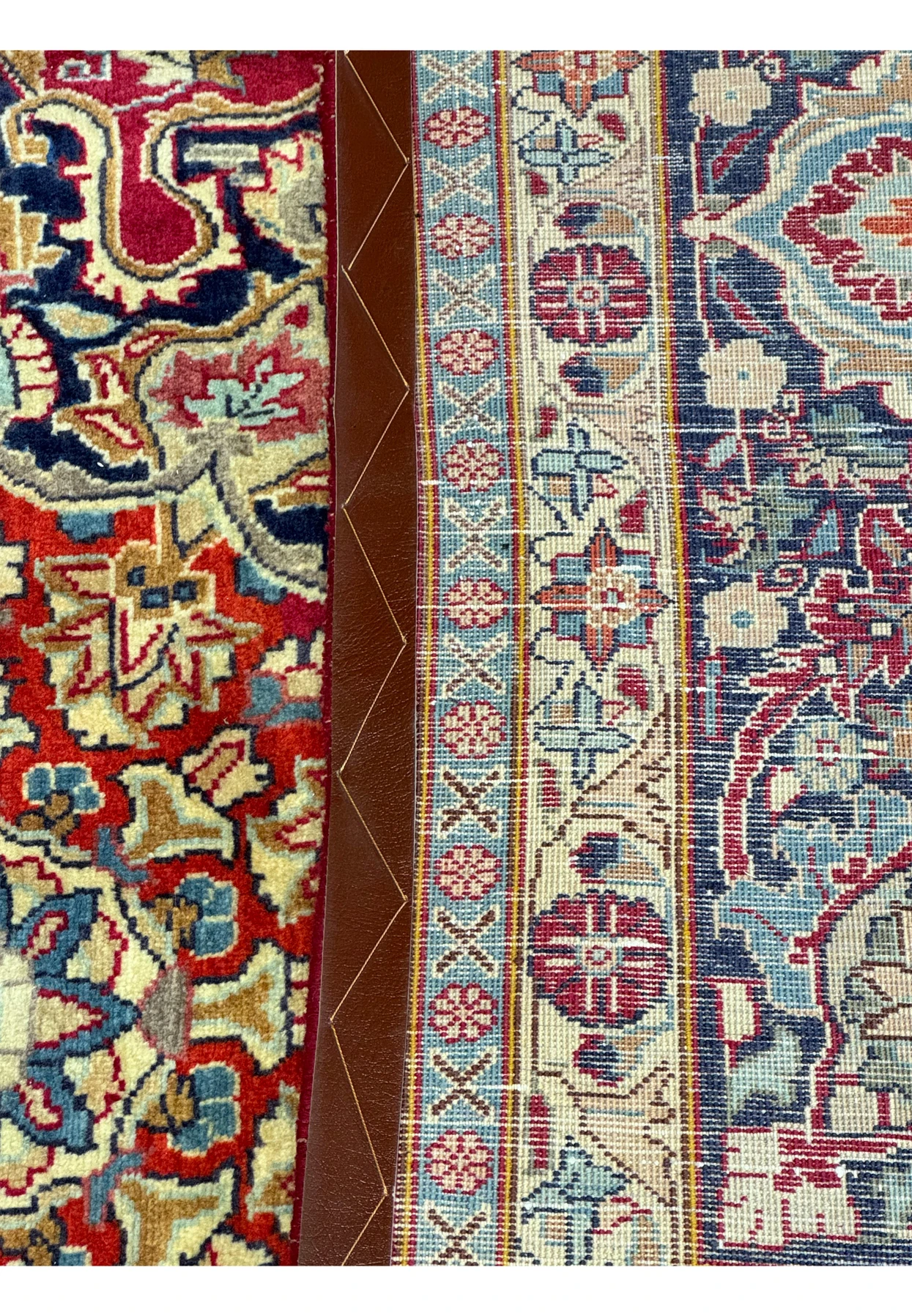 A zoomed-in view of the dense and elaborate patterns of the Persian Mahal rug, highlighting its exquisite details and vibrant color mix.