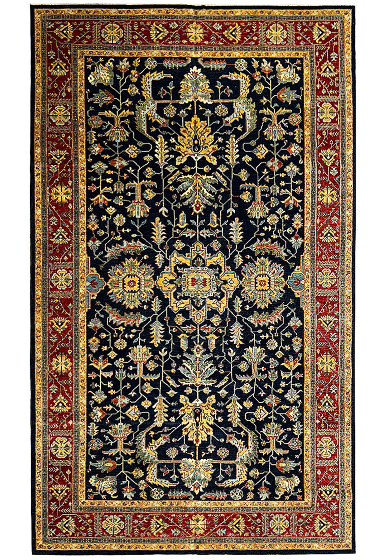 Close-up of a 10x16'4 handmade Ziegler rug showing intricate navy blue background with floral and geometric patterns in gold, green, light blue, and red.