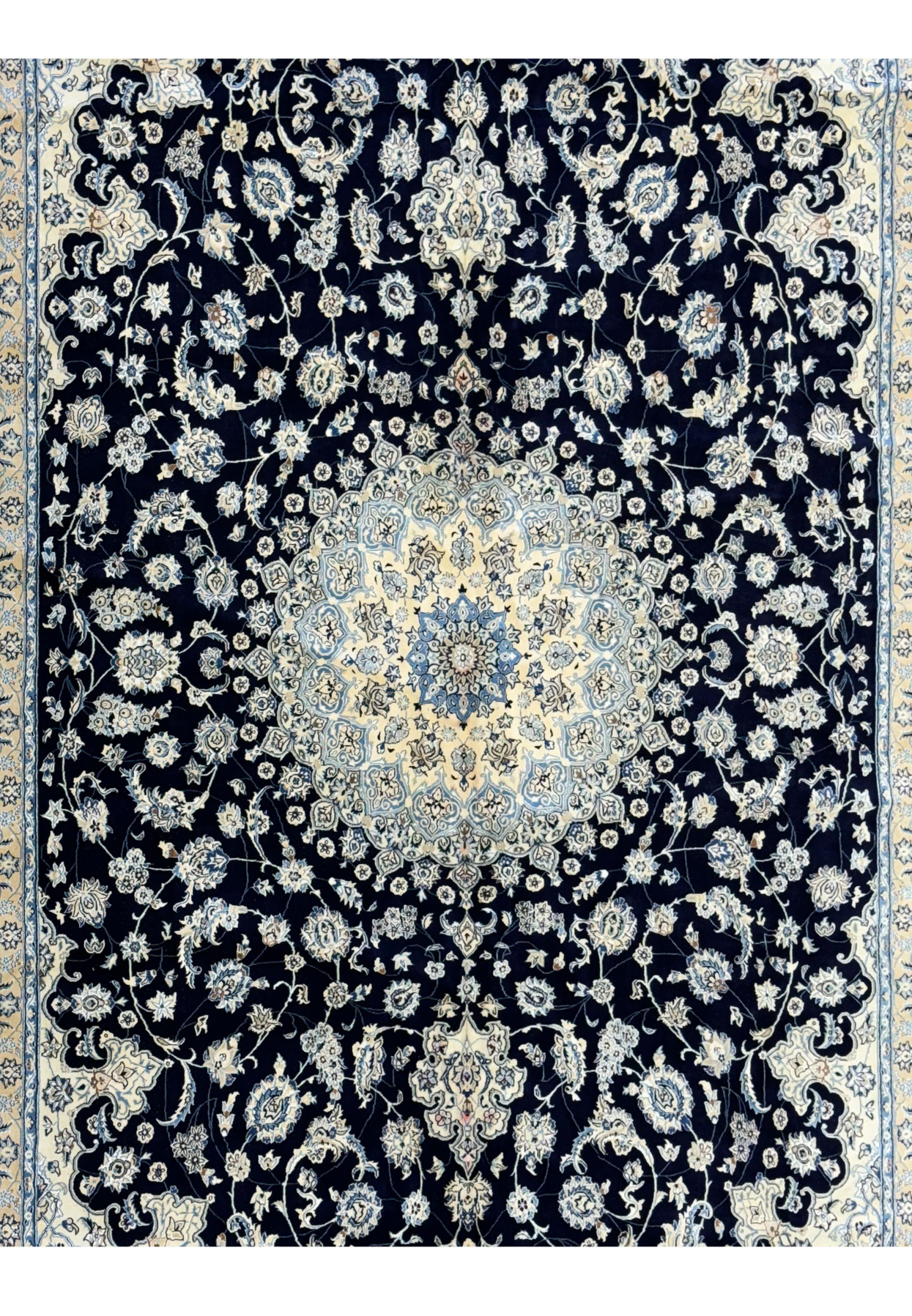 Central field of a 13'2 x 19'4 Nain Persian rug with detailed medallion