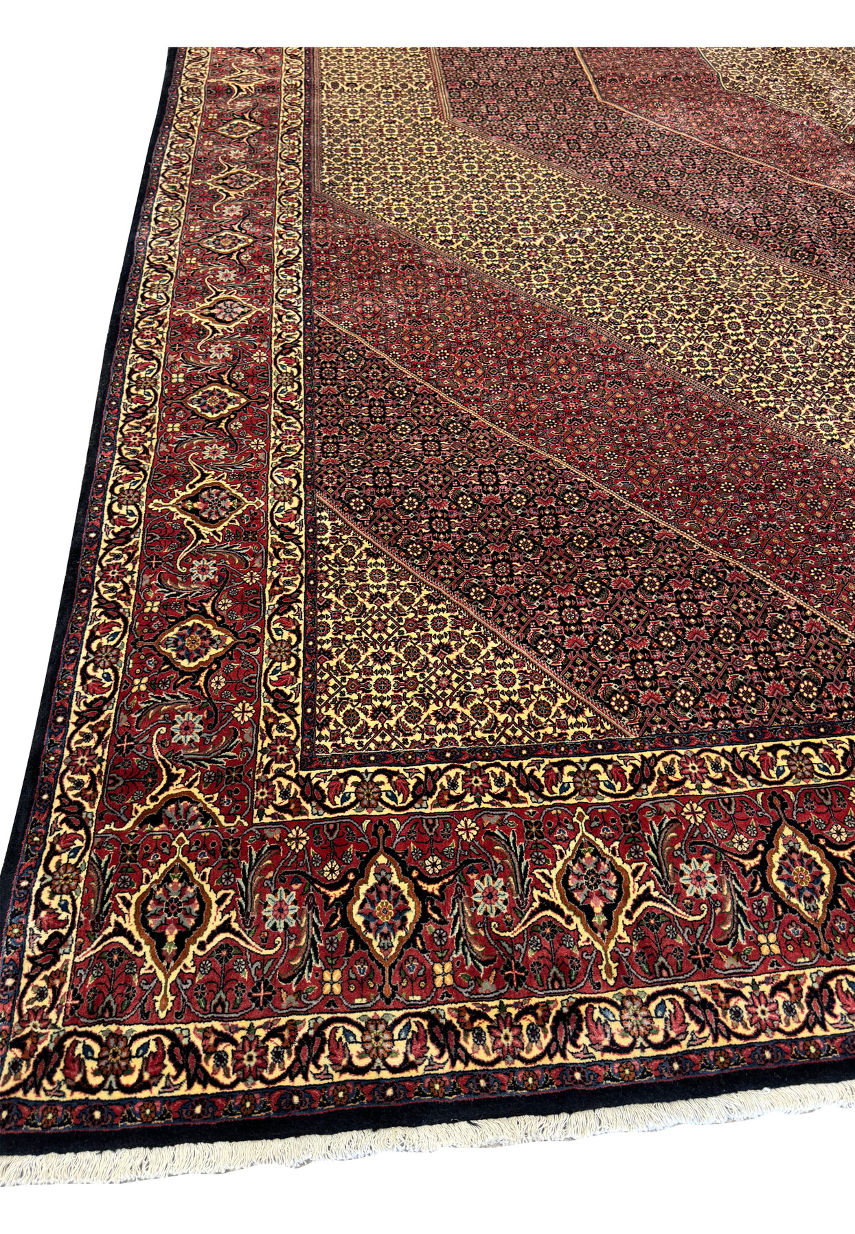 Angle view of a Persian Bijar Rug showcasing its rich colors and detailed design