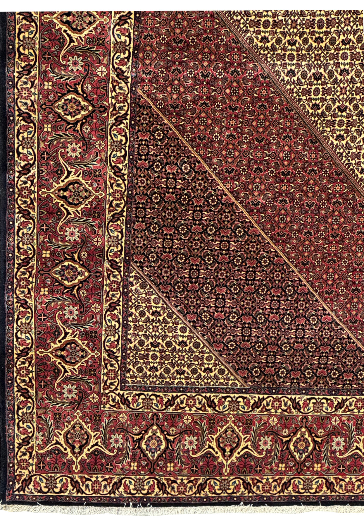 Corner view of a 13x19'7 Persian Bijar Rug highlighting intricate patterns and color details