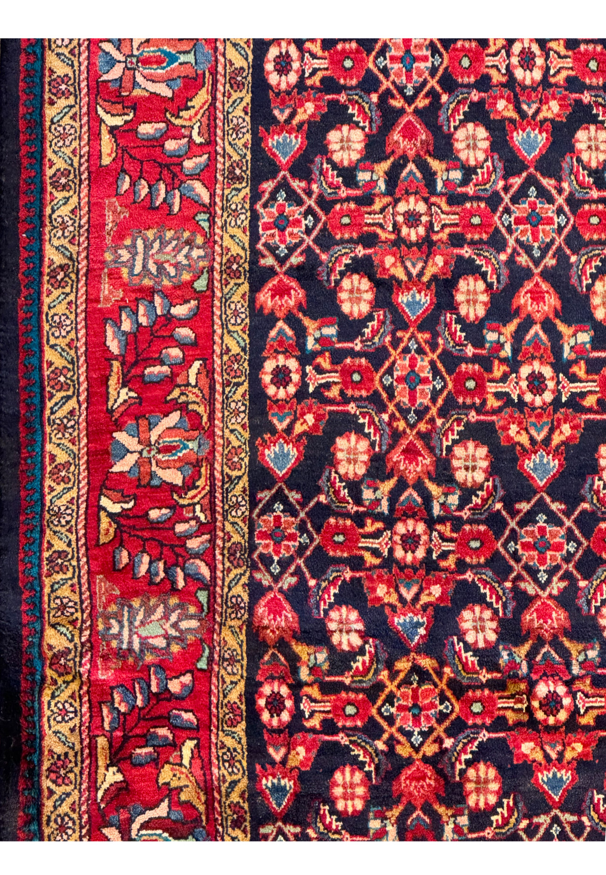 Side view of the Persian Mahal rug, showcasing the vibrant colors and detailed patterns.