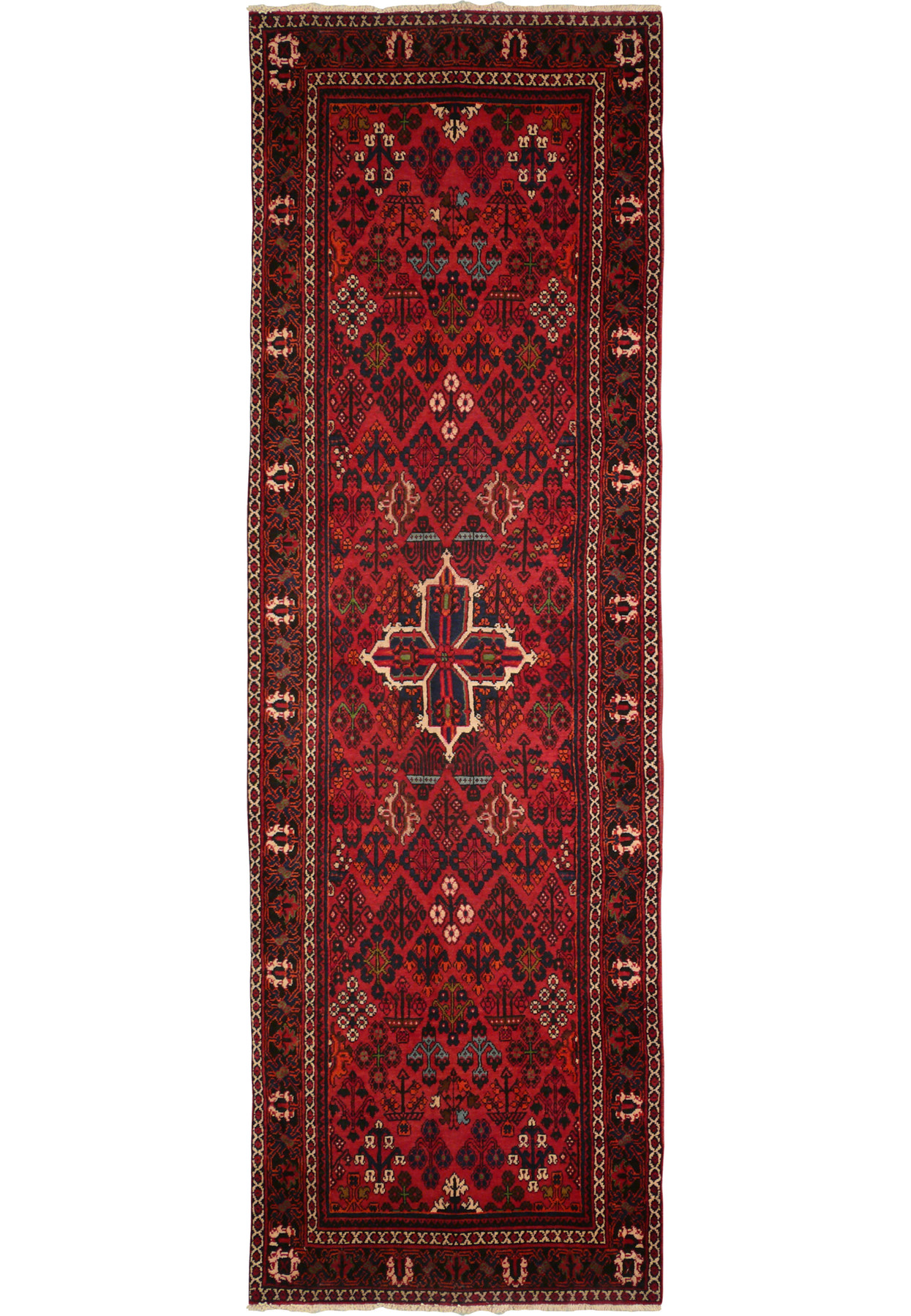 3'5" x 11' Persian Meymeh runner rug, showcasing its intricate central medallion and geometric patterns in rich red, blue, ivory, black, and green colors. The high-quality wool and fine craftsmanship are evident, making it a perfect addition to any hallway or narrow space.