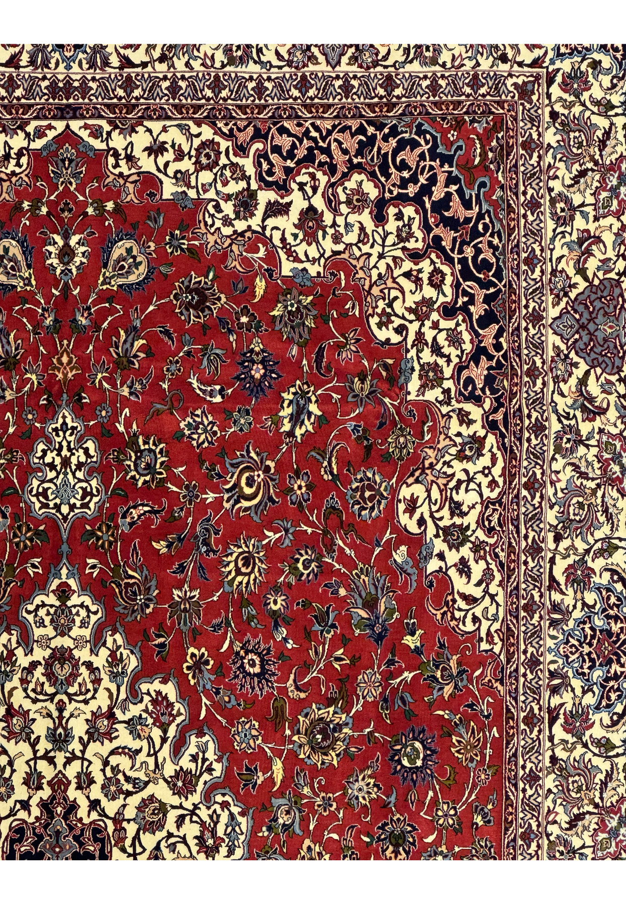 Detailed view of floral motifs on Persian Isfahan Silk Rug