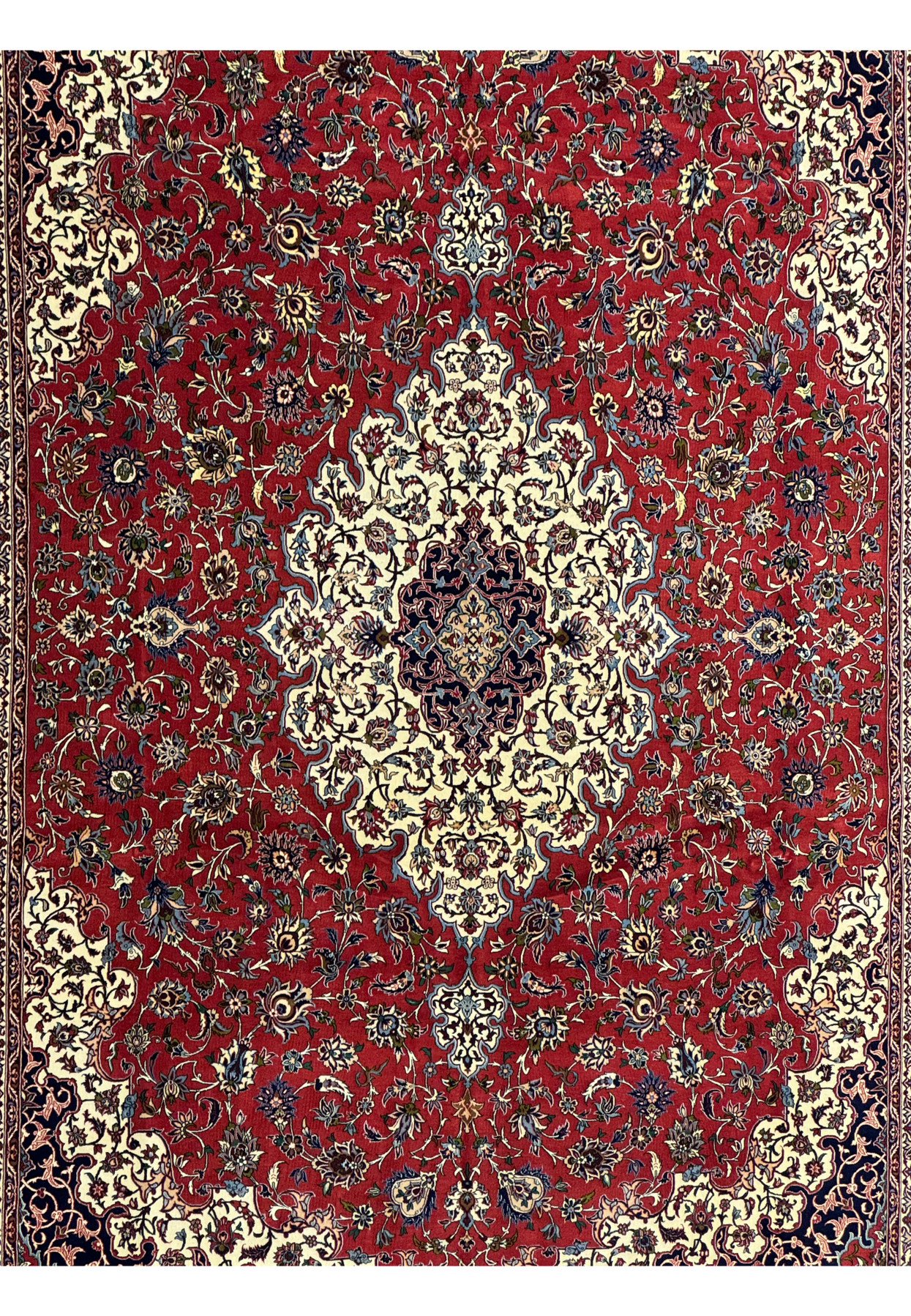 Close-up of central medallion in 8x12 Persian Isfahan Silk Seirafian Rug