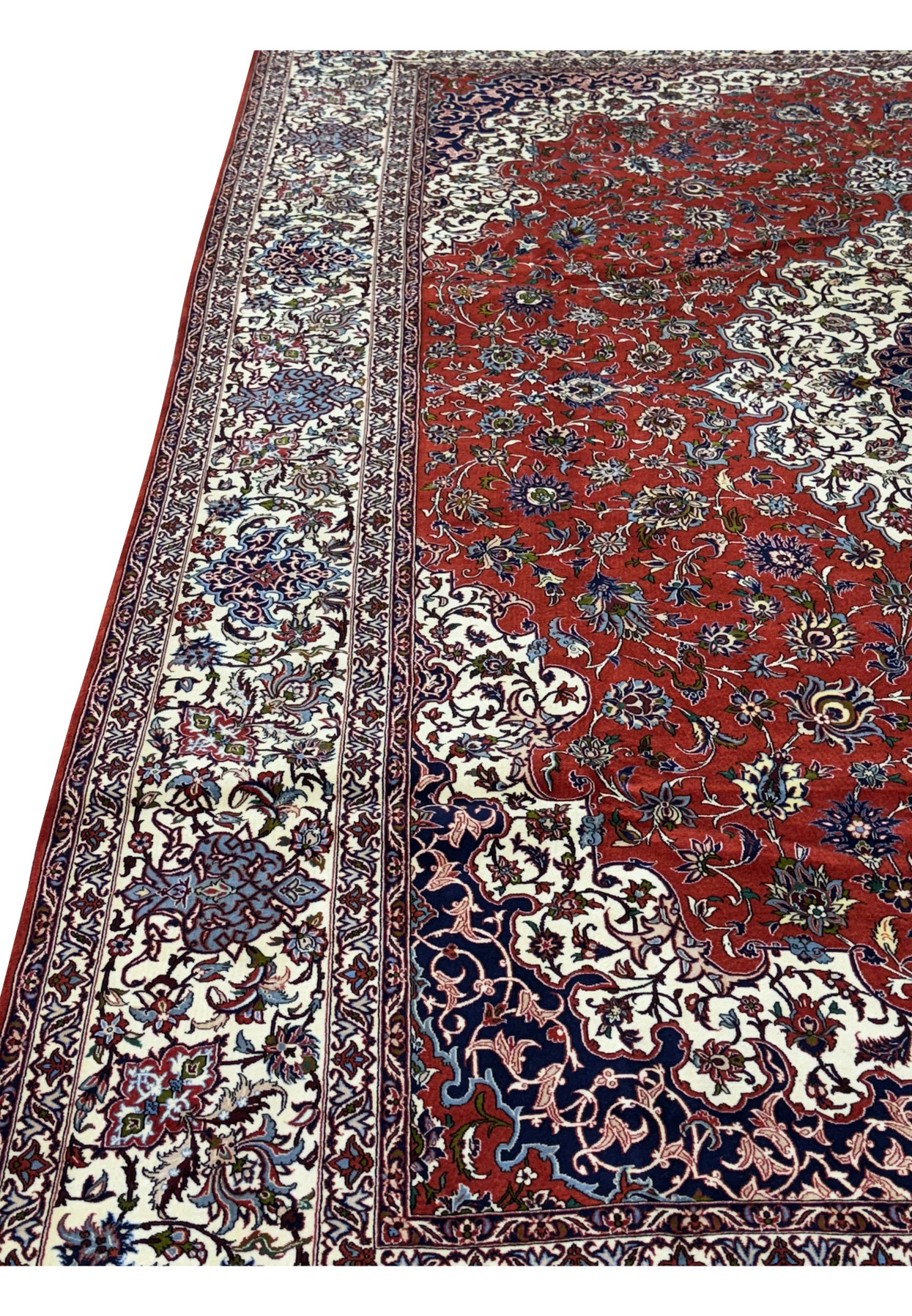 Side view focusing on the color contrast in 8x12 Persian Isfahan Silk Rug signed seirafian