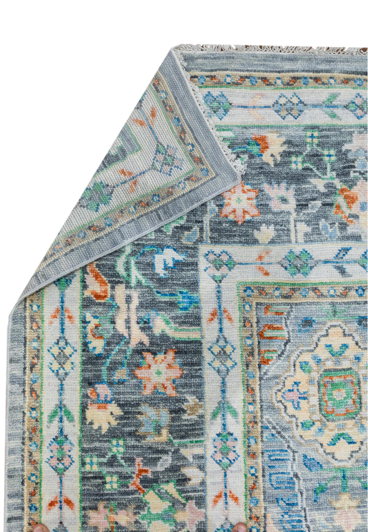 Close-up of corner fold on 12' x 15' Designer Gray Oushak Handmade Rug