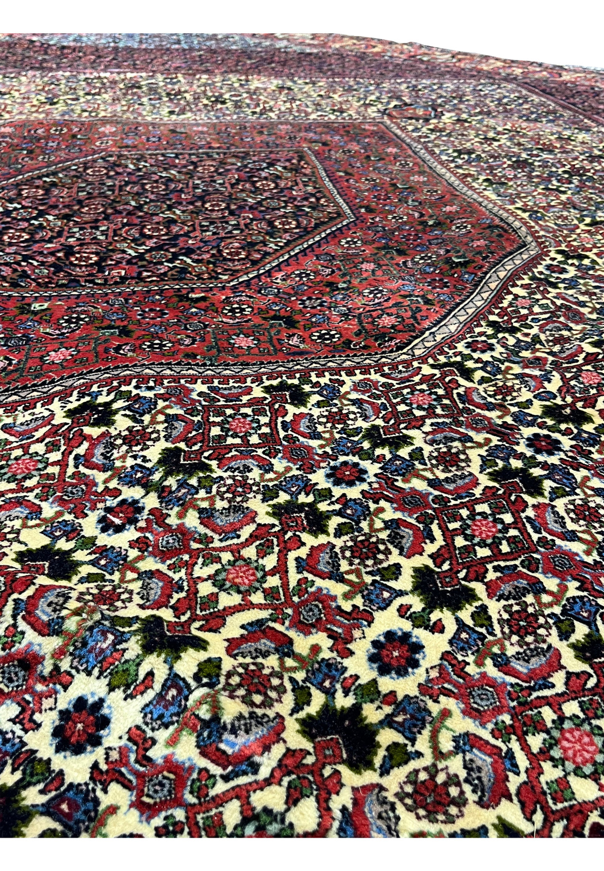 Motif detail of a 9.8 x 12.2 Persian Bijar rug featuring repeating geometric flowers, strong color contrast, and dense wool knots characteristic of Bijar rugs.
