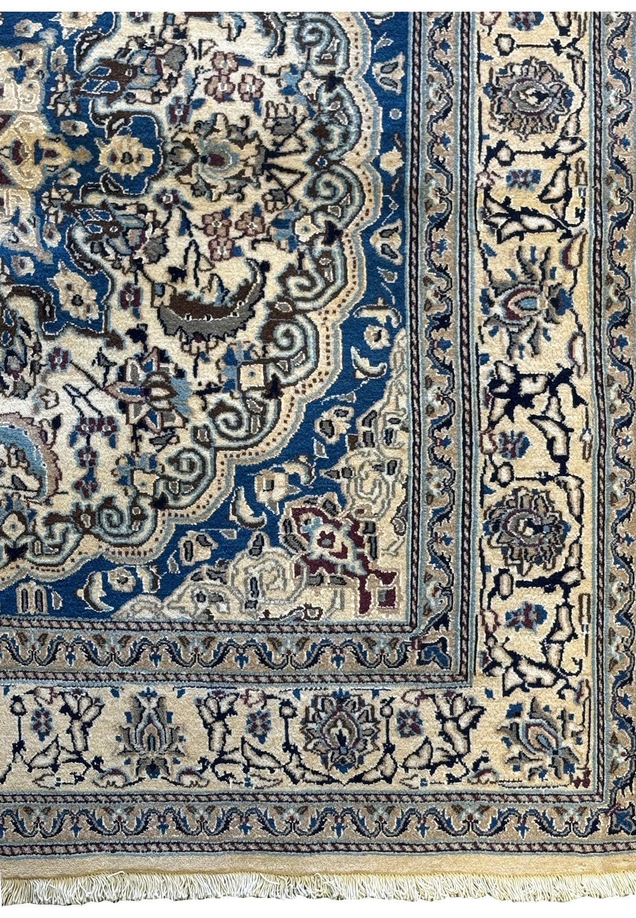 Side view of the Persian Nain Square Rug, showing the detailed craftsmanship and fringe.