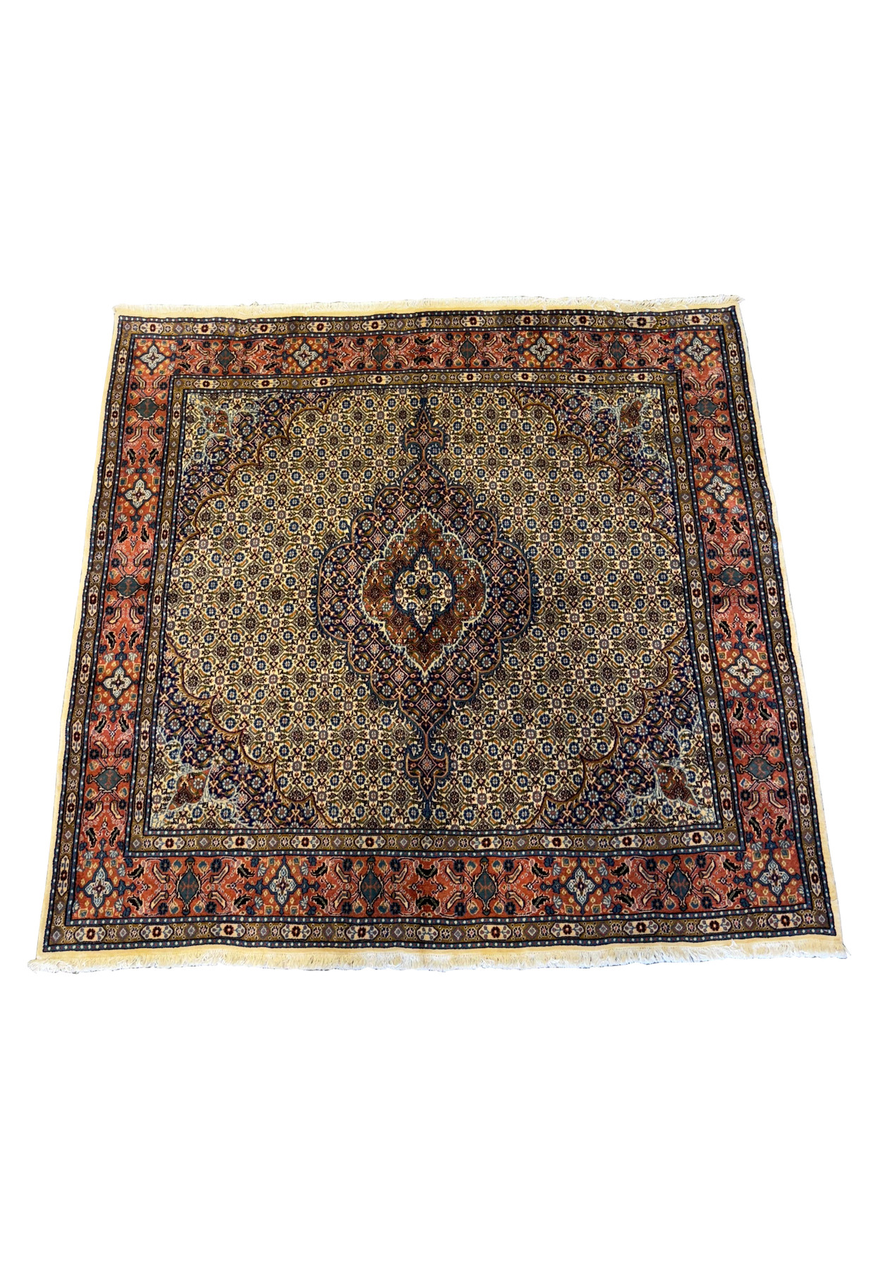 Angled view of the 6'6 x 6'9 Persian Moud Square Rug highlighting the detailed border patterns and central medallion