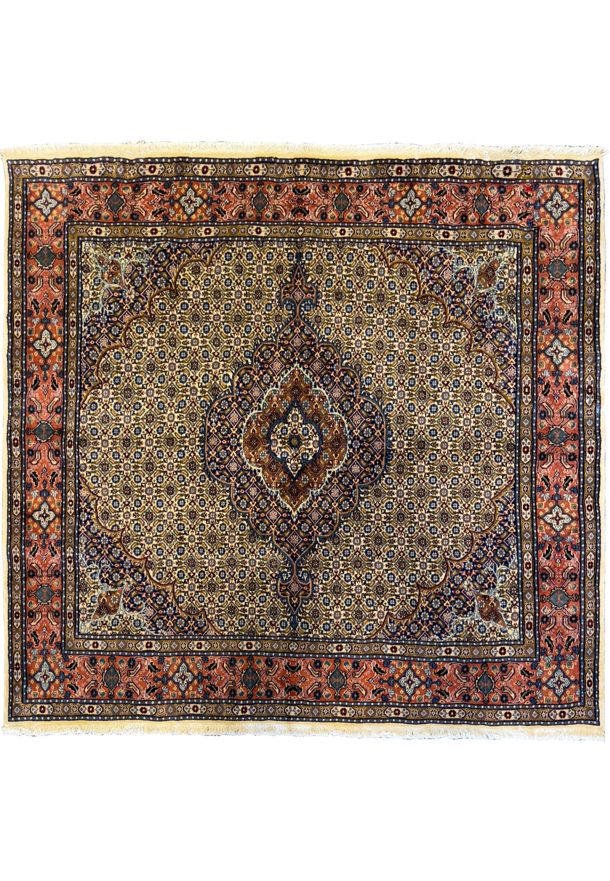 Full view of a 6'6 x 6'9 Persian Moud Square Rug showcasing intricate floral and geometric patterns with a central medallion in navy blue, terracotta, ivory, and light blue