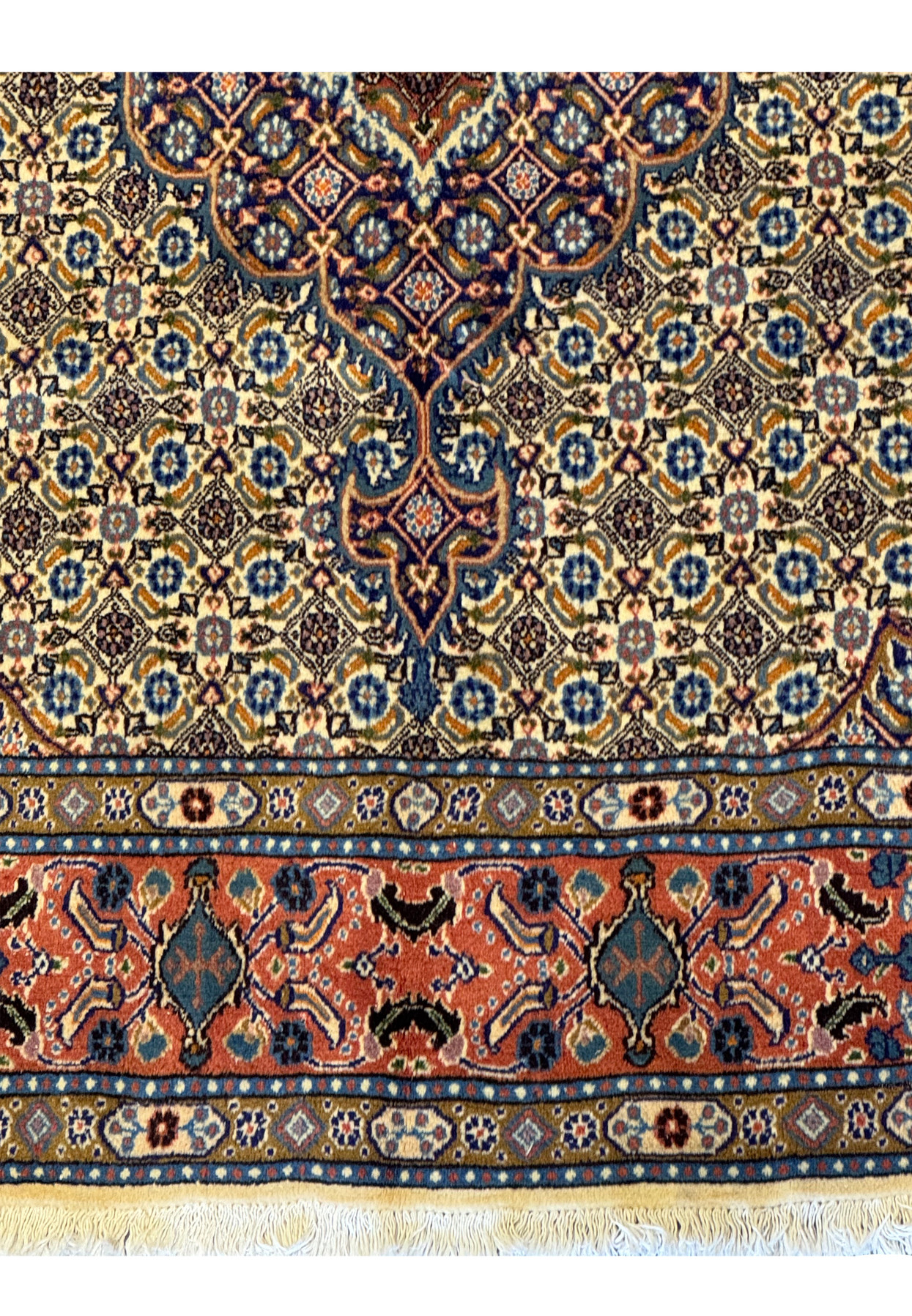 Detailed view of the intricate border patterns on the Persian Moud Square Rug with geometric and floral designs