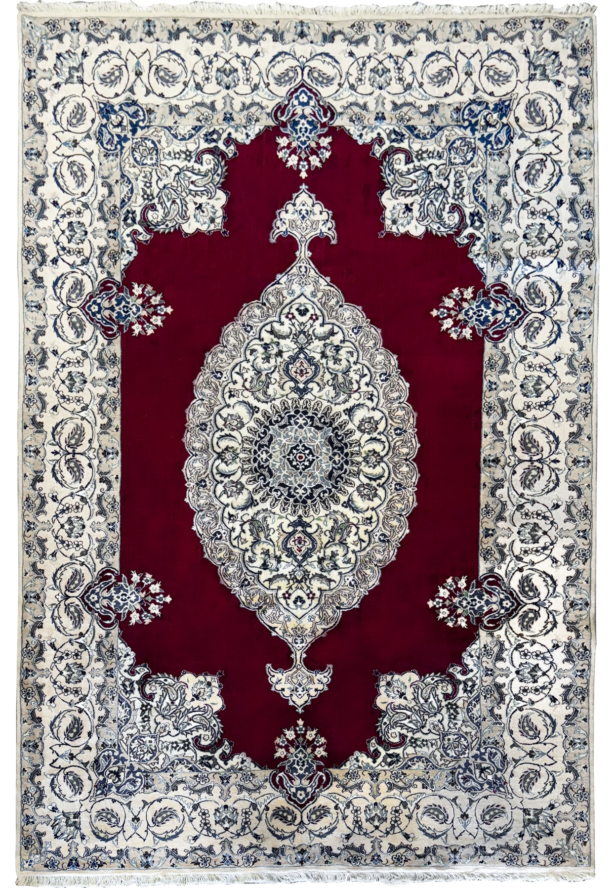 Full view of the 6'8 x 10'4 Persian Nain 9LAA Wool & Silk Rug, displaying the central medallion and surrounding floral patterns.