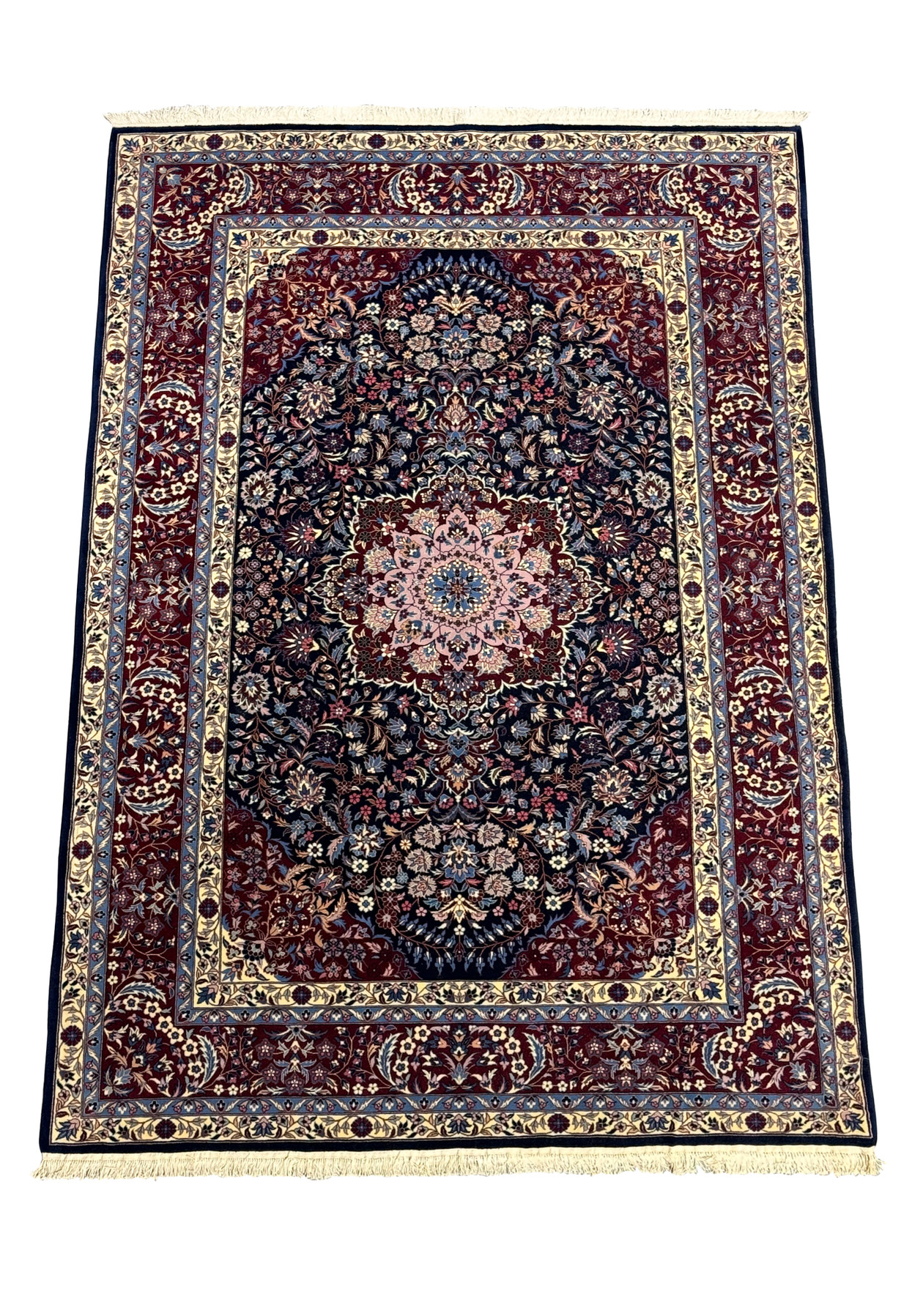 Perspective view of an 6'2 x 9'6 Persian Isfahan Wool and Silk Rug laid down, showcasing the detailed craftsmanship.