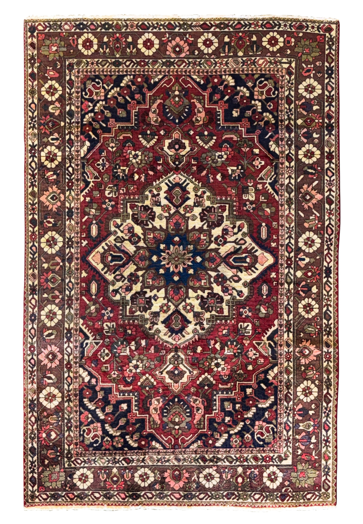 Full view of a 6'6" x 10' Persian Bakhtiar rug featuring a central medallion, geometric patterns, and floral motifs in rich red, navy blue, olive green, and ivory colors